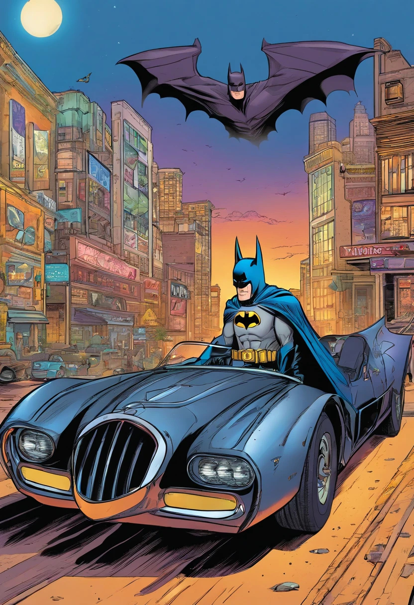 Batman next to the bat mobile with the Batman call sign up in the sky