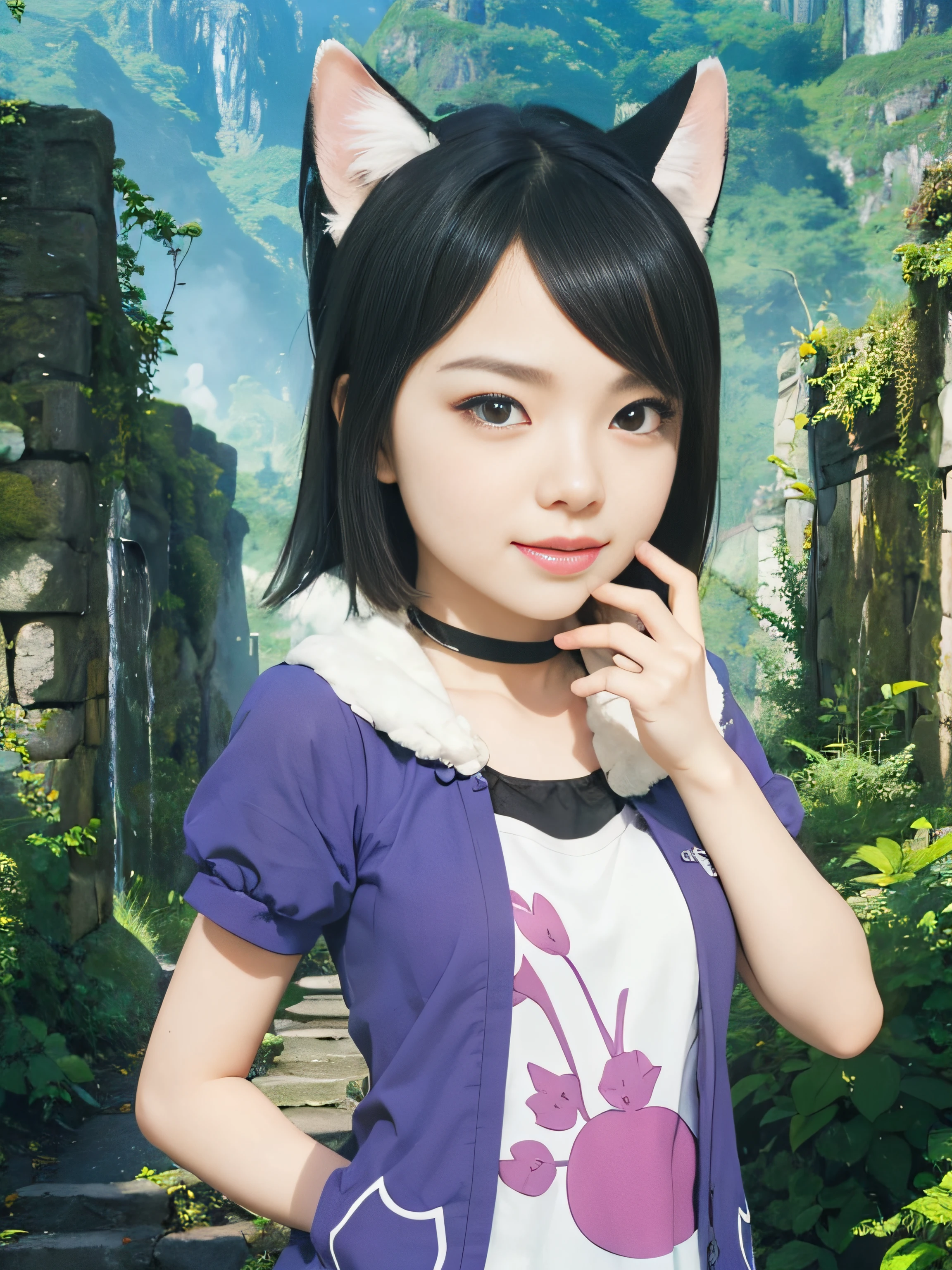 masterpiece, best quality, (realistic, photo-realistic:1.4), (RAW photo:1.2), extremely detailed CG unity 8k wallpaper, delicate and beautiful, amazing, finely detail, official art, absurdres, incredibly absurdres, huge filesize, ultra-detailed, extremely detailed, extremely detailed girl, extremely detailed eyes and face, light on face,little smile,short hair,cat ears,black hair,wearing chocker