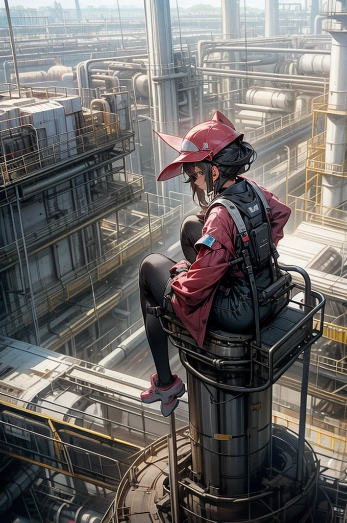 A girl sits on top of a tower at a petrochemical plant.