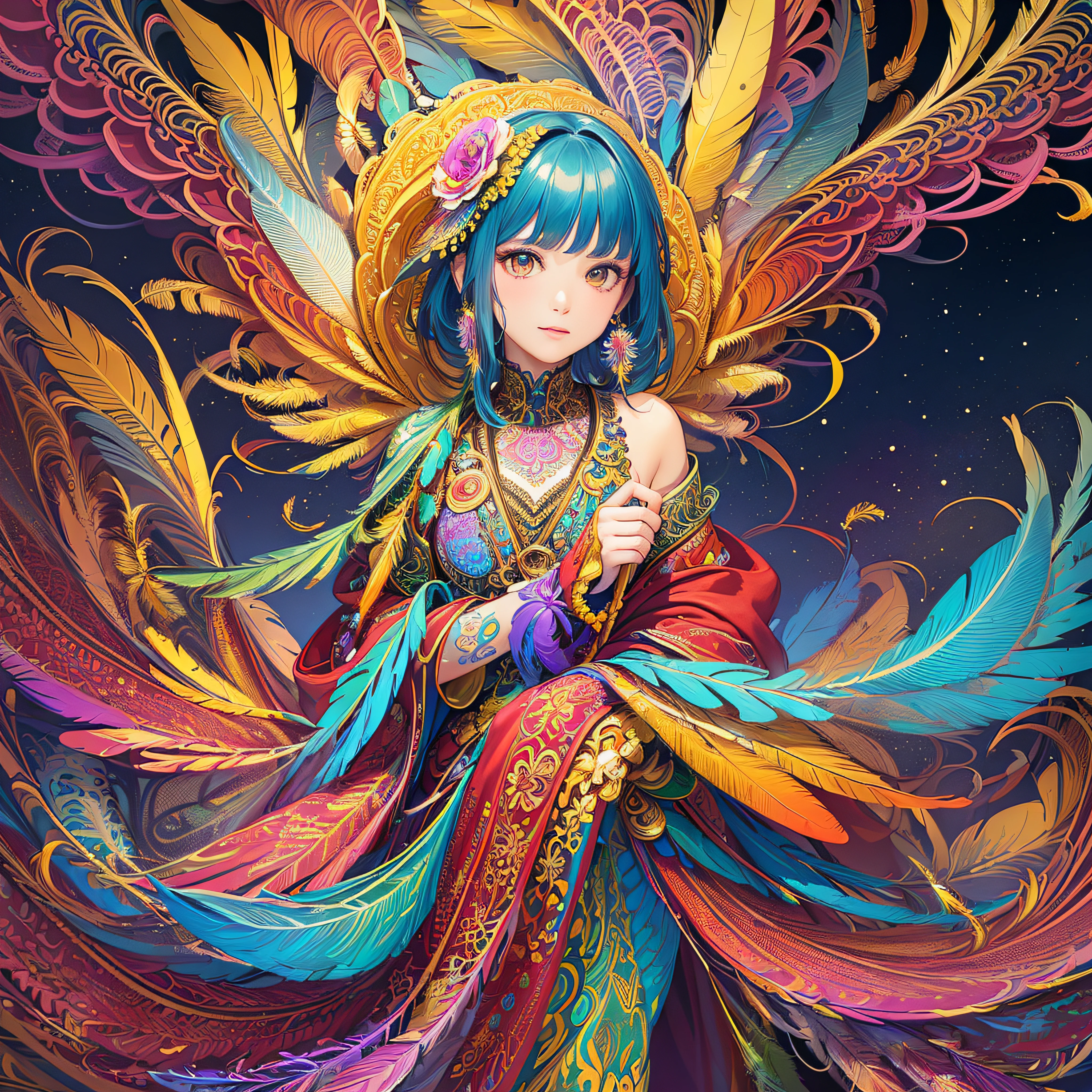 (masterpiece, top quality, best quality, official art, beautiful and aesthetic:1.2), (1girl:1.3), extremely detailed,(fractal art:1.1),(colorful:1.1)(flowers:1.3),highest detailed,(zentangle:1.2), full body, (abstract background:1.3), (shiny skin), (many colors:1.4), ,(earrings), (feathers:1.5),