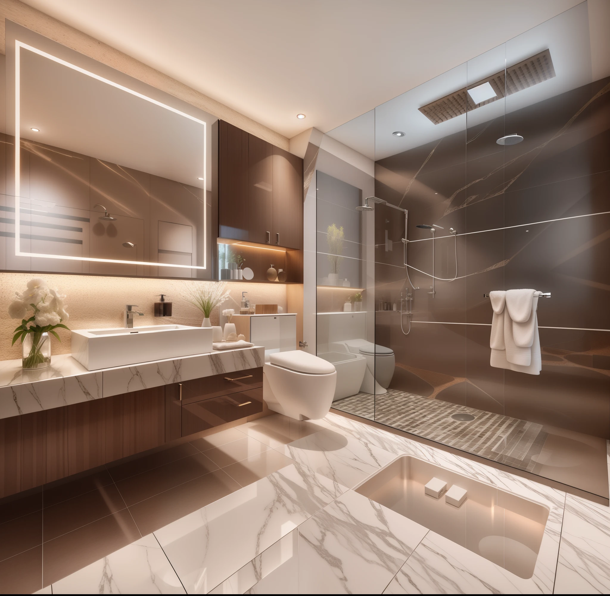 arafed bathroom with a large mirror and a walk in shower, premium bathroom design, modern bathroom, modern style, modern look, modern design, luxurious environment, luxury, luxurious, high quality 3 d render, high quality 3d render, marble and wood and glass, excellent 3d render, pristine and clean design, neo-classical, neo - classical
