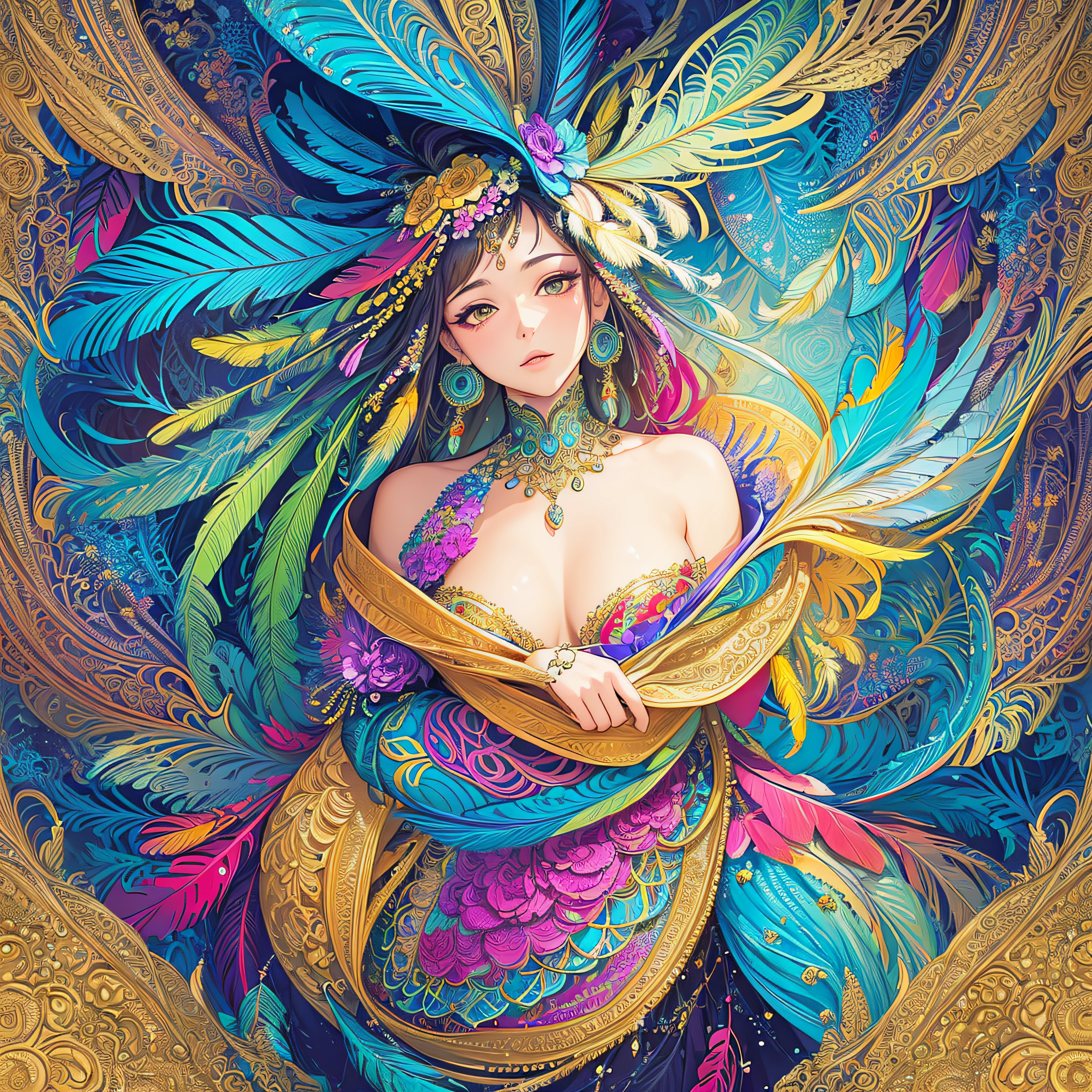 (masterpiece, top quality, best quality, official art, beautiful and aesthetic:1.2), (1girl:1.3), extremely detailed,(fractal art:1.1),(colorful:1.1)(flowers:1.3),highest detailed,(zentangle:1.2), full body, (abstract background:1.3), (shiny skin), (many colors:1.4), ,(earrings), (feathers:1.5),