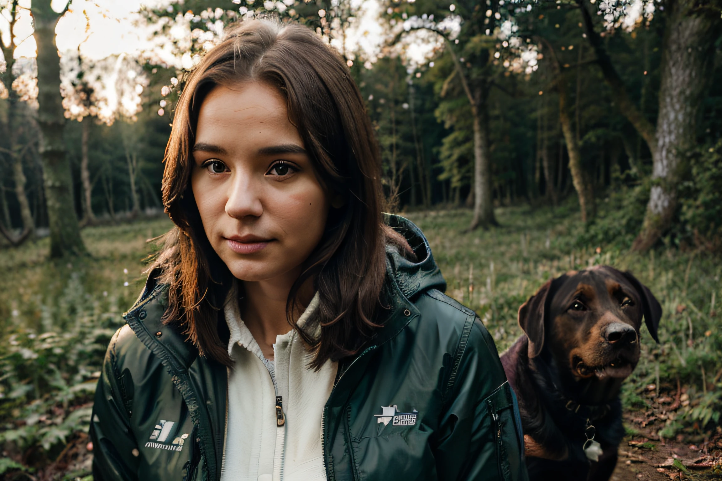 Blind girl with blind eyes, Blindenstick, 1 guide-dog (Labrador), fotorealistisch, Foto, in the woods, Abendlicht, 26 years old, hair brunette half long, Winter jacket