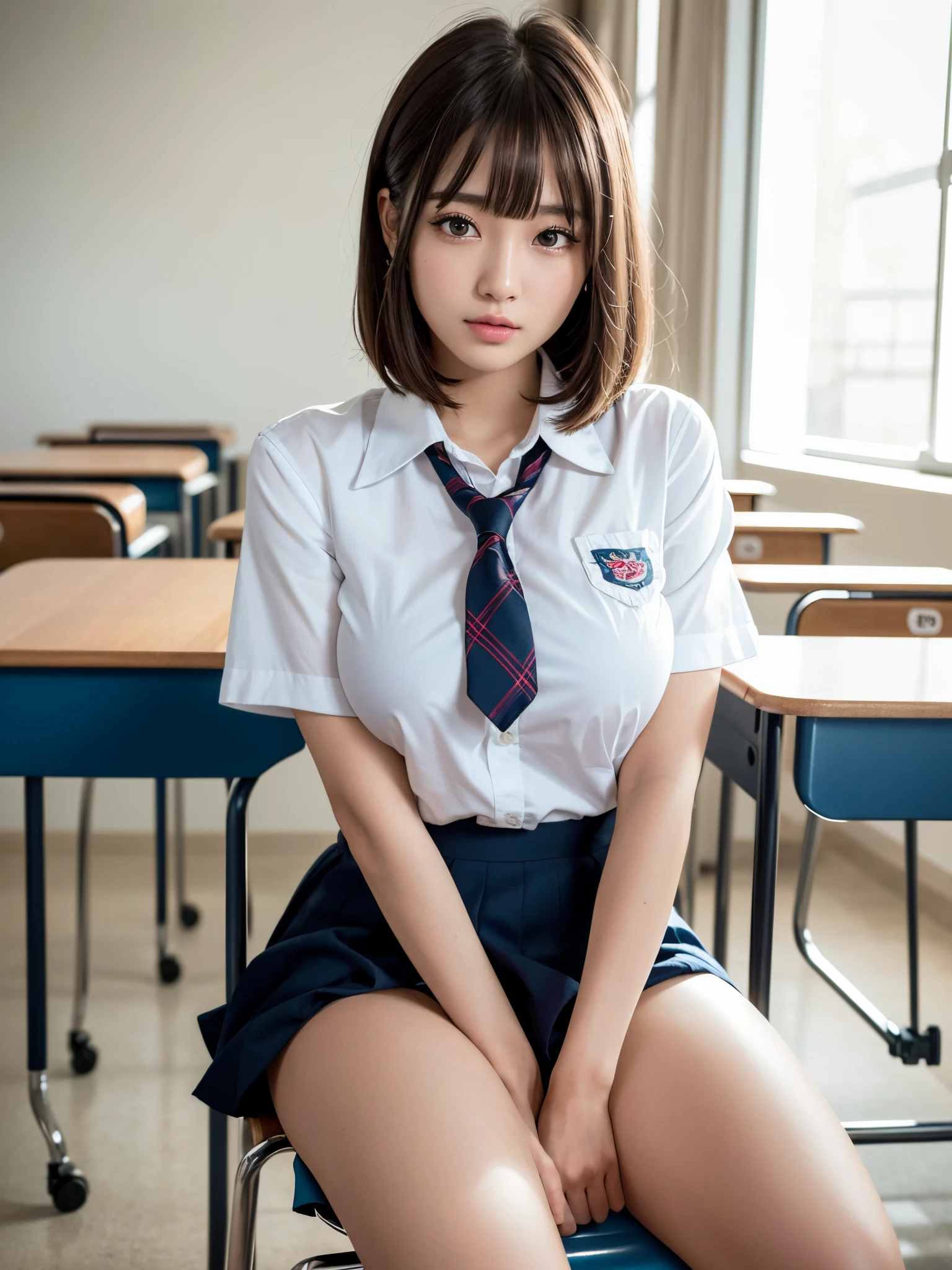 8k,best quality, masterpiece, ultra detailed, ultra high res, photorealistic, raw photo, absurdres, absolutely resolution, ((1girl solo)), full body ,a Japanese young pretty woman, hyper cute face, glamorous figure, large breasts , long bob hair , (school uniform :1.3), Straddle the chair and spread your legs,desks ,glossy lips, double eyelids in both eyes, natural makeup, long eyelashes, shiny smooth light brown long bob hair, asymmetrical bangs, shiny skin, central image, high resolution, high detailing, detailed hairstyle, detailed face, spectacular movie lighting, octane rendering, vibrant, hyper realistic, perfect limbs, perfect anatomy