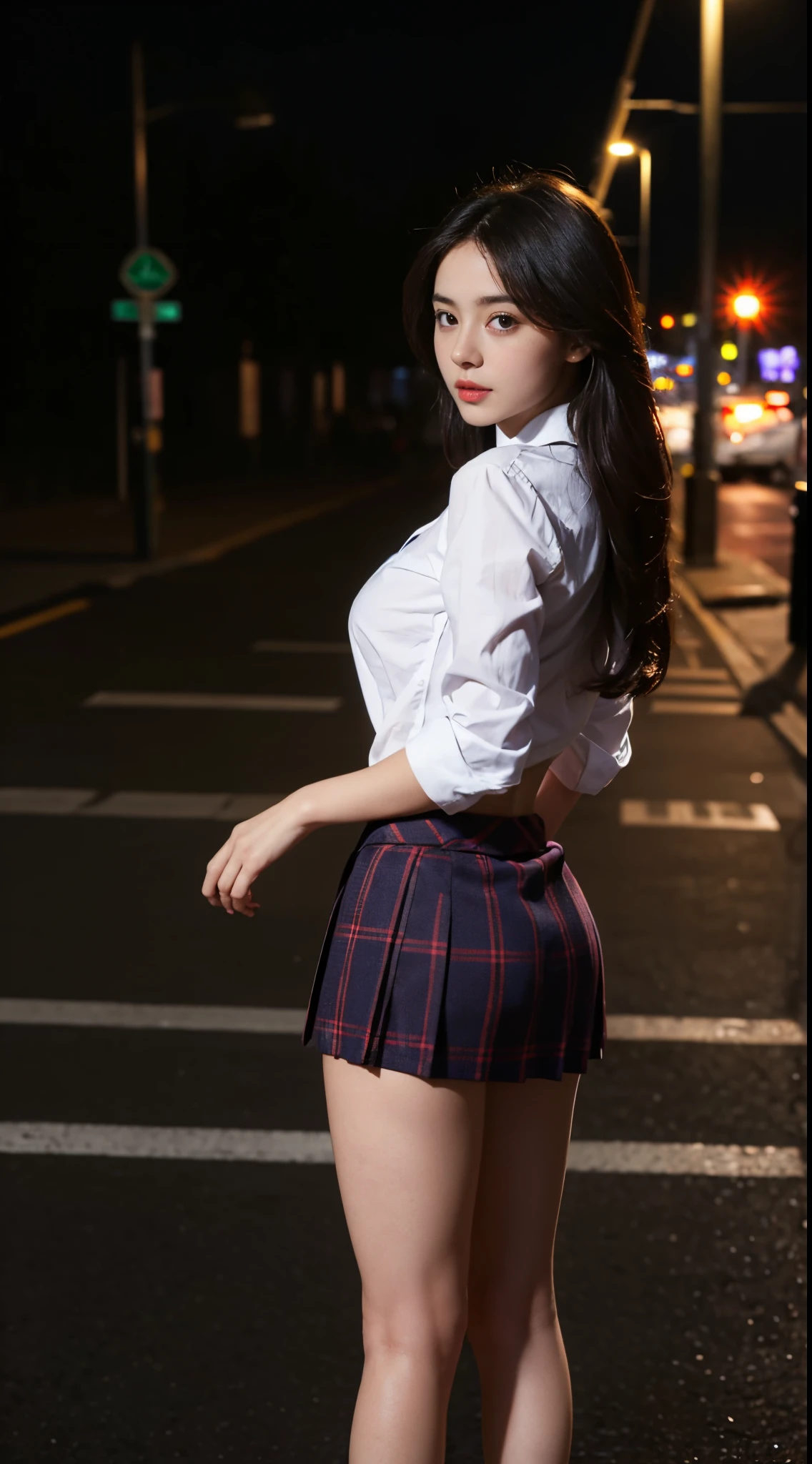 Best quality, masterpiece, ultra high res, (photorealistic:1.4), raw photo, (perfect body shape), (slim:1.2), dynamic pose, 1girl, (full figure:0.9), solo, big breasts, sagging breasts, school uniform, plaid mini skirt, in the dark, night, on the street, deep shadow, low key, cold light 12000K