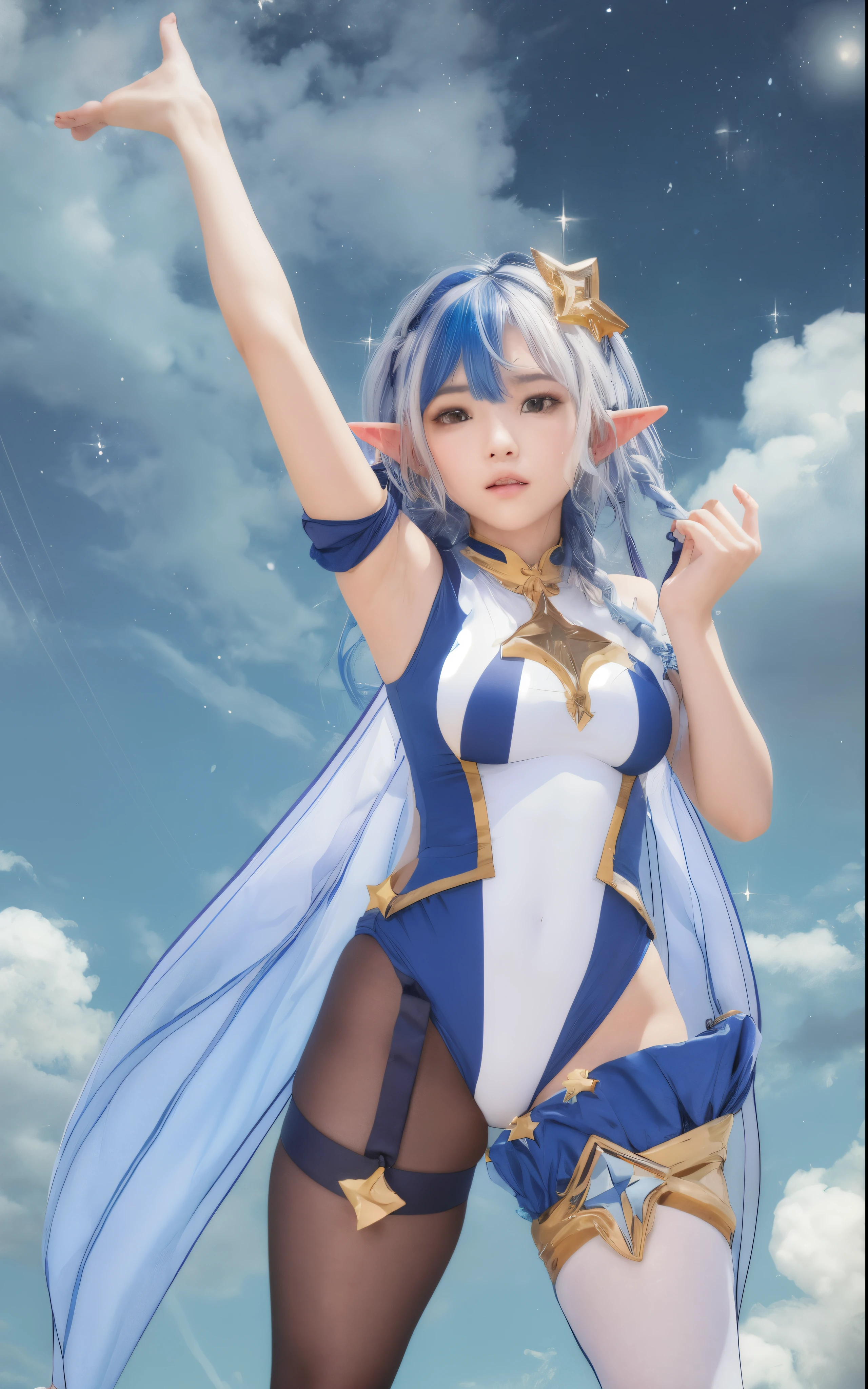 Uma mulher com cabelo branco e mechas azuis, uma coroa no formato de estrela, a braid with a star clip and elf ears, seu olho direito esta fechado, seu olho esquerdo tem a cor azul, ela veste uma roupa de banho branca com detalhes azuis e dourados, Pantyhose on the right leg, uma meia branca na perna esquerda com detalhes dourados e babados azuis, uma capa no formato de asas, a background of a starry sky