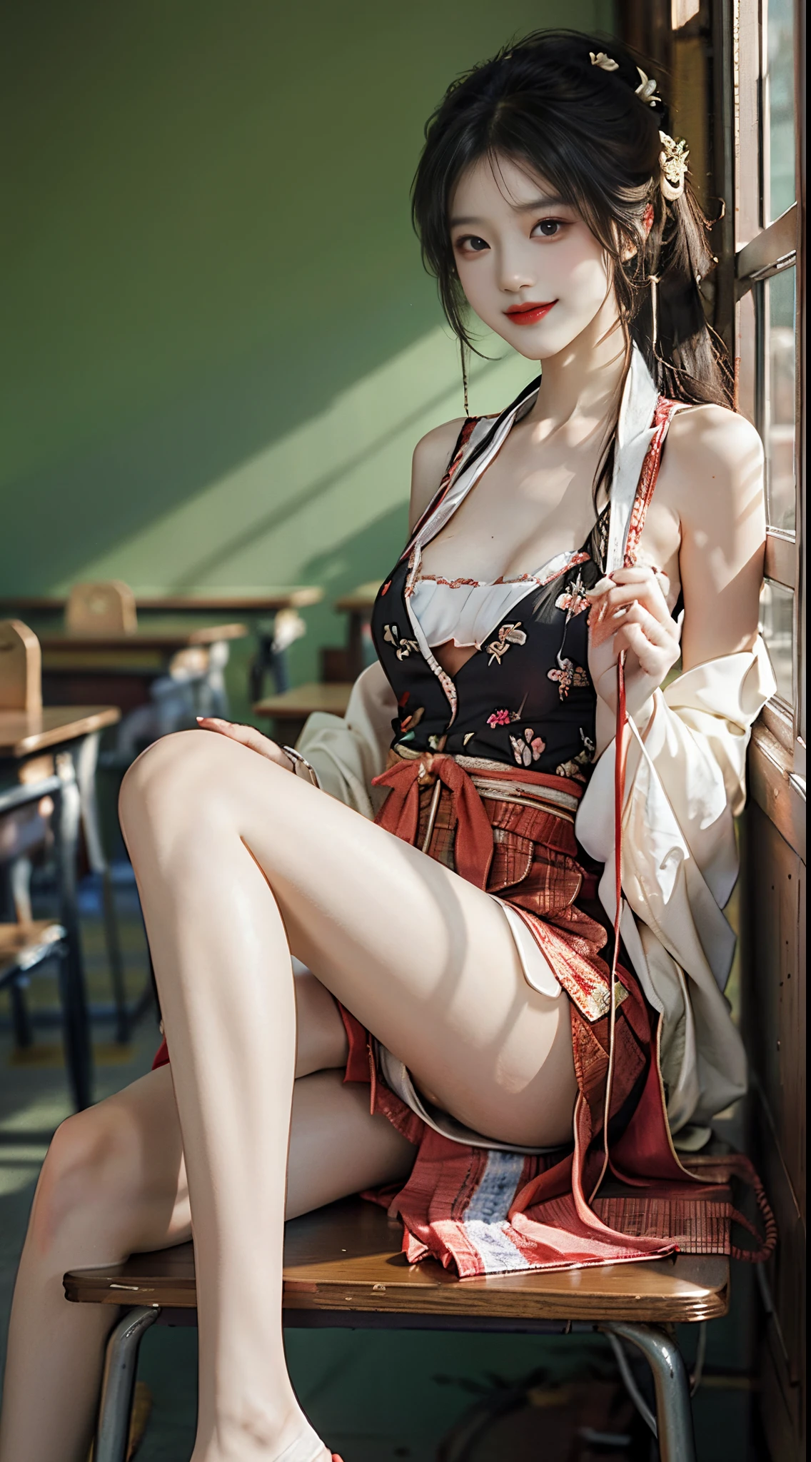 A sexy 20-year-old model in hanfu with a deep V-neck, ample bosom, slender legs, and a charming smile. She is sitting on a desk in a classroom, posing for a photo. The image quality is top-notch, with ultra-high resolution and perfect lighting. The perspective captures her entire body, emphasizing her attractive features.