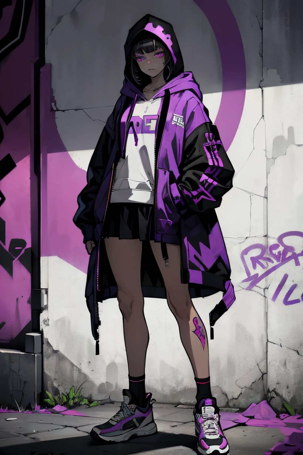 1girl, (ultra detailed eyes, glowing purple eyes), hoodie, unzipped coat, hood on, front bangs, blue eyes, edgy, standing in front of a graffiti-covered wall, street fashion, sneakers, spray paint cans, cyberpunk theme