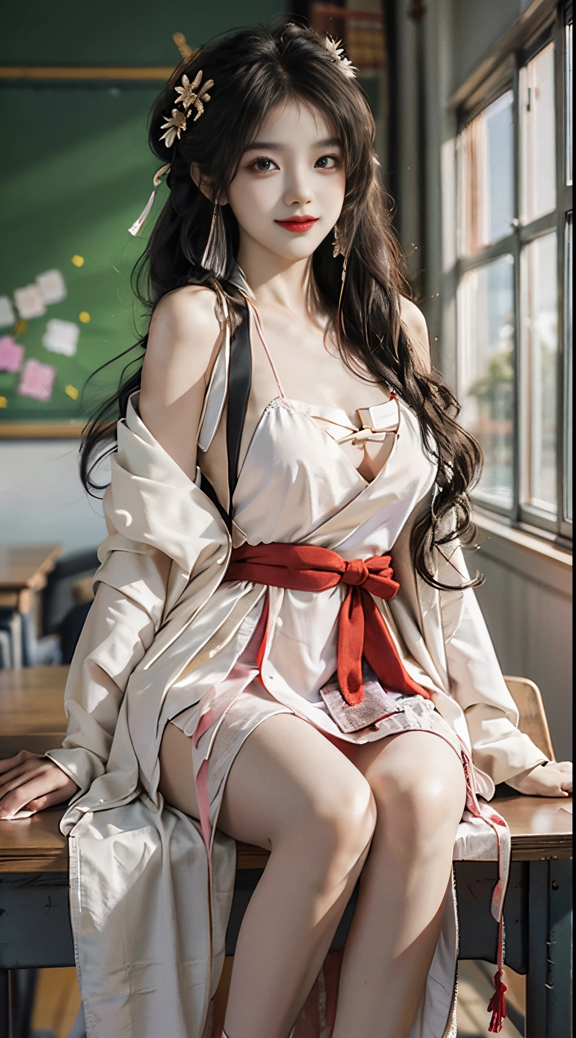 A sexy 20-year-old model in hanfu with a deep V-neck, ample bosom, slender legs, and a charming smile. She is sitting on a desk in a classroom, posing for a photo. The image quality is top-notch, with ultra-high resolution and perfect lighting. The perspective captures her entire body, emphasizing her attractive features.