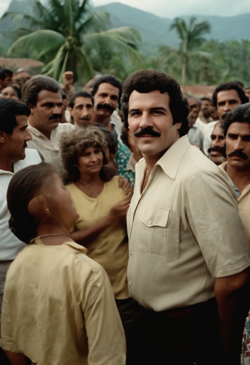 A photo of Escobar hosting a community event and handing out food and supplies to the local residents,original,Pablo Escobar, the infamous Colombian drug lord and leader of the Medellín Cartel, was often recognized for his stout build and mustachioed face. He typically dressed in casual attire, favoring simple polo shirts and slacks, which contrasted sharply with his immense wealth and power. His dark, brooding eyes and stern expression often gave him an intimidating presence, a reflection of his formidable status as one of the world’s most notorious criminals.