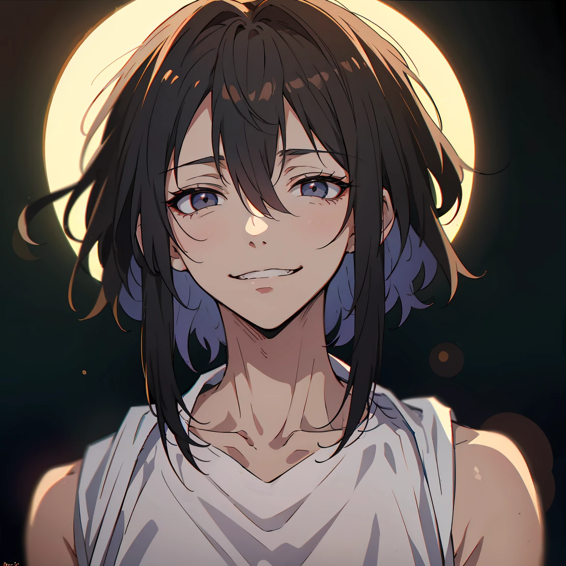 Black haired guy, short hair,doll like features, beautiful yet creepy, black eyes, unsettling smile, dark background, death eyes, unnatural smile, pretty