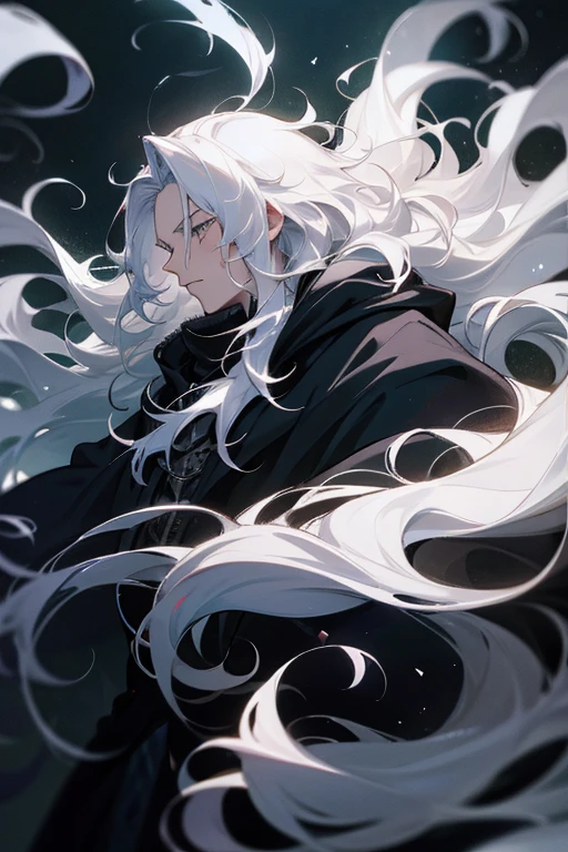 1 man, long white hair, dark wizard, majestic, dark castle backgroung, messy hair, curly hair, hair pulled back, floating hair, gothic, anime style