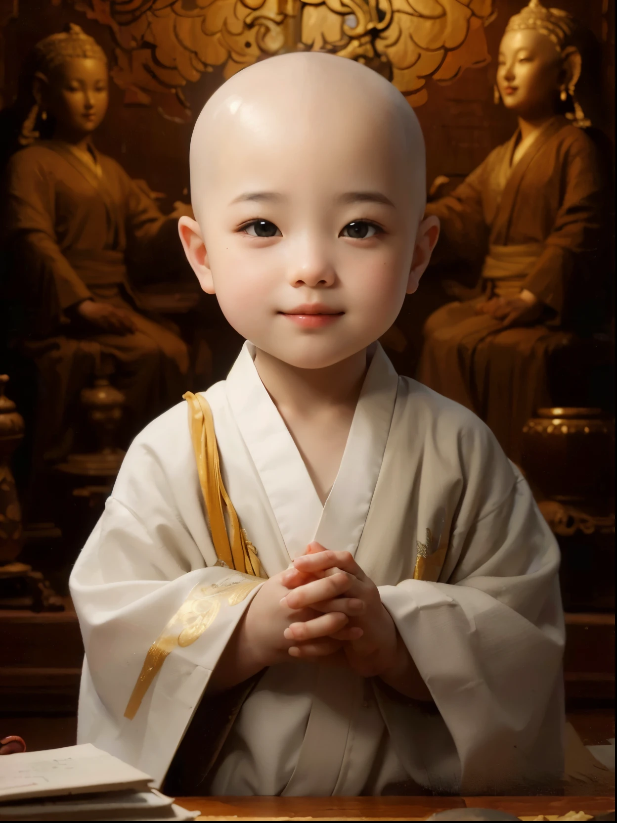 (best quality,4k,8k,highres,masterpiece:1.2),ultra-detailed,(realistic,photorealistic,photo-realistic:1.37),3-year-old bald monk,white monk's robe on the plump little face with a round smile, detailed eyes and face, high nose bridge, crossed hands, sitting cross-legged, lotus pattern in the background