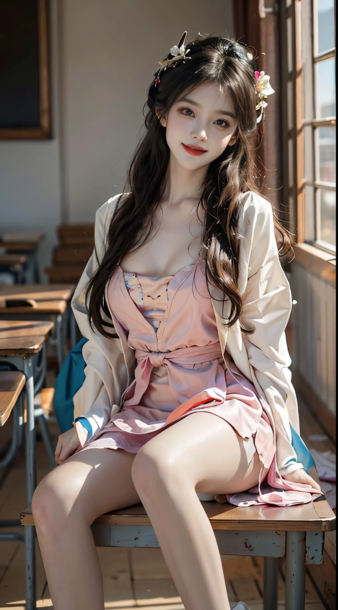 A sexy 20-year-old model in hanfu with a deep V-neck, ample bosom, slender legs, and a charming smile. She is sitting on a desk in a classroom, posing for a photo. The image quality is top-notch, with ultra-high resolution and perfect lighting. The perspective captures her entire body, emphasizing her attractive features.