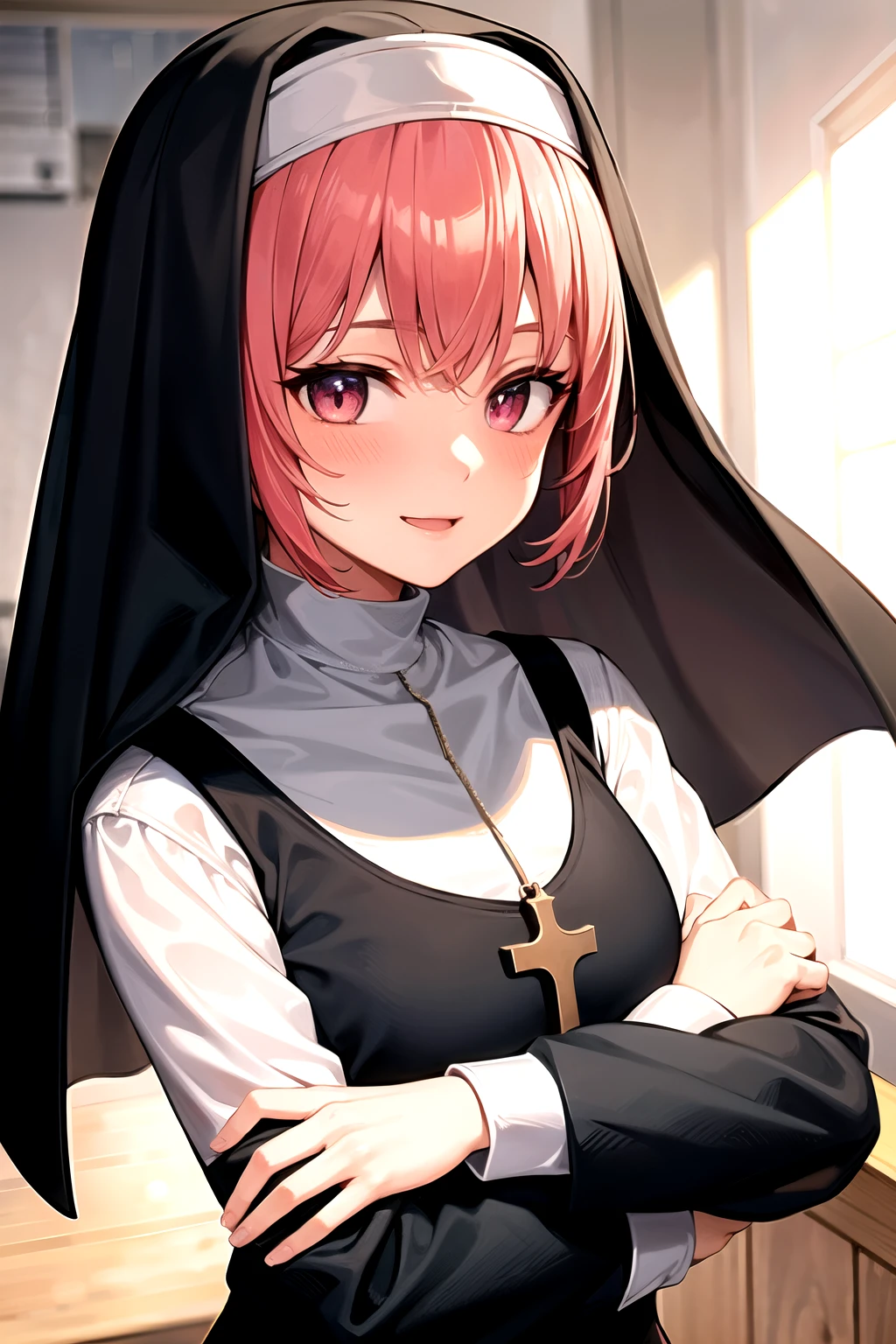 ((((traditional nun a black)), panties, skirt, Pantyhose, Stiletto heels)), ((Shiny Costumes)), (skindentation), skinny, alone, solo, Masterpiece, highest quality, highest quality, 16K, incredibly absurd, highly detailed, 2.5D, ai-generated, delicate and dynamic, very delicate facial expressions, delicate eye depiction, erotic, only sexy woman, ((A cute and kind face)), healthy figure, ((1 woman)), 160cm tall, ((medium firm swaying bust)), medium breasts, (short hair), Straight Hair, (pink hair:1.5), bob cut, black eye, blush, Sweat,Embarrassed,sexy, ((thin thighs)), shiny and lustrous, facing straight at viewer,  smile, ((standing)), ((arm at side)),
