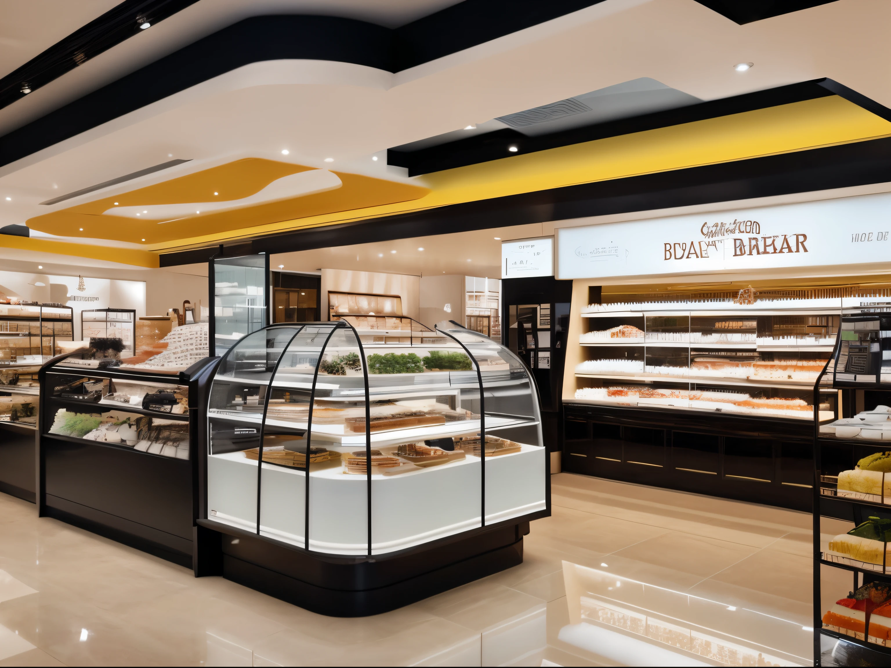 A rectangular bakery 10 meters long, 5 meters wide and 50 square meters in total，The main color of the decoration is off-white，Bread and dessert display rack、Cash register、Coffee station on the same side，To facilitate customers’ ordering，A lightbox menu is set up above the checkout counter