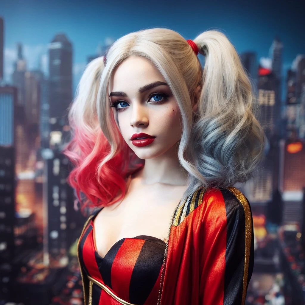 "(best quality,Altas:1.2),circunstanciado,rosto delicado,blonde hair,olhos azuis detalhados,retrato,Beautiful,Arlequim,Feminino,conto de fadas,soft lighting,vivid colors,textura pintada"