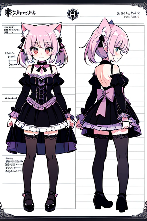 (Character Sheet,Design drawings,two different angles,from the front),Solo,A girl , highlighted hair, Gothic lolita,line-drawing ,Cat's ears , Highly detailed body parts,Lori,