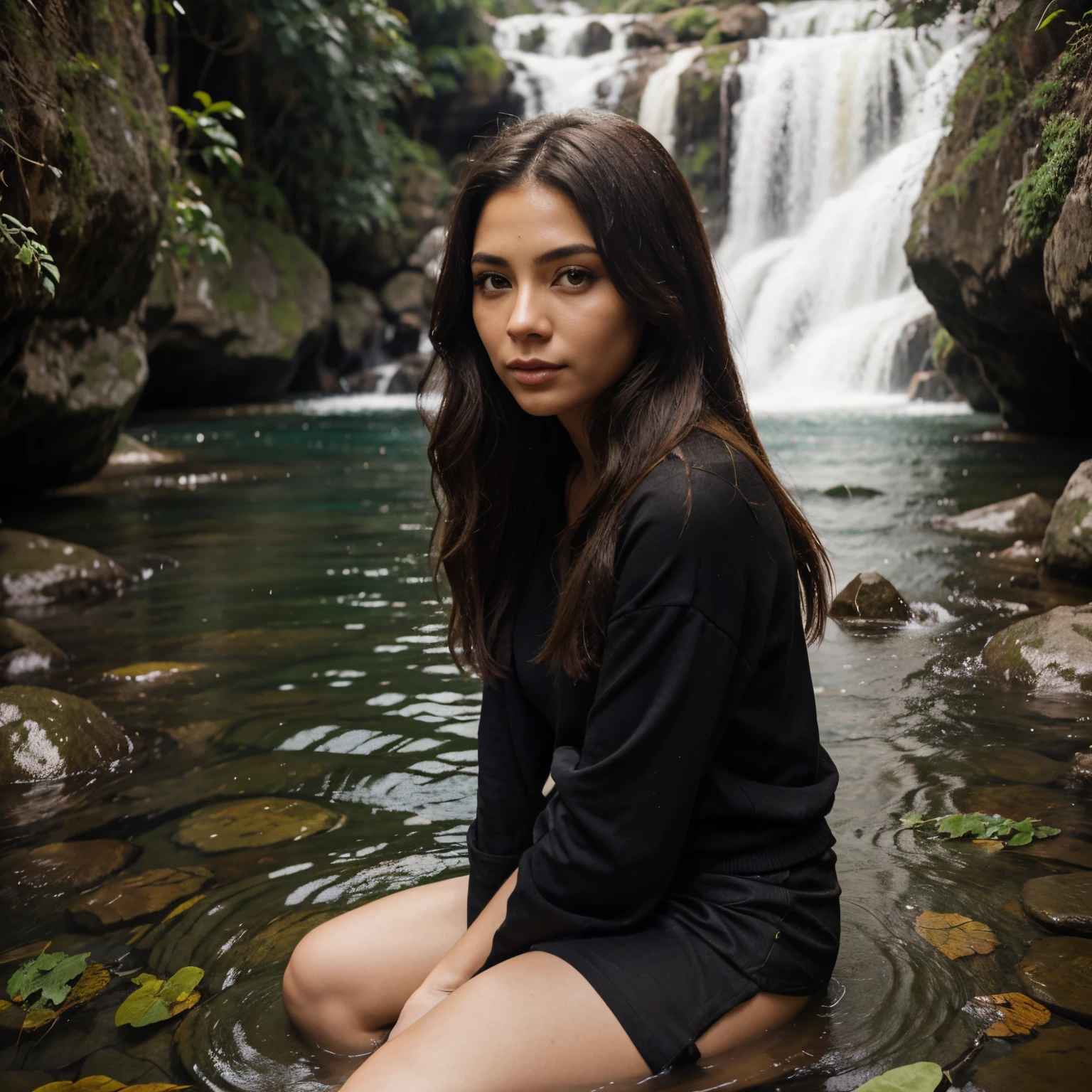 menina de cabelos ruivos e pele com sardas, olhos castanhos, ao fundo de uma cachoeira, com roupas verdes detalhadas