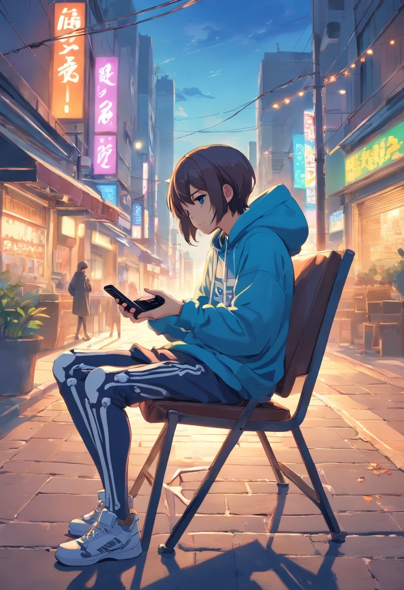 Skeleton wearing hoodie sitting on chair playing video games、Anime cartoons、holding controller in hand、Put your legs on the table、street frontage