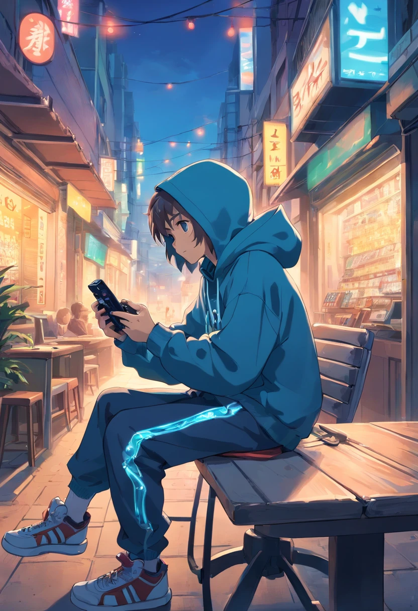 Skeleton wearing hoodie sitting on chair playing video games、Anime cartoons、holding controller in hand、Put your legs on the table、street frontage