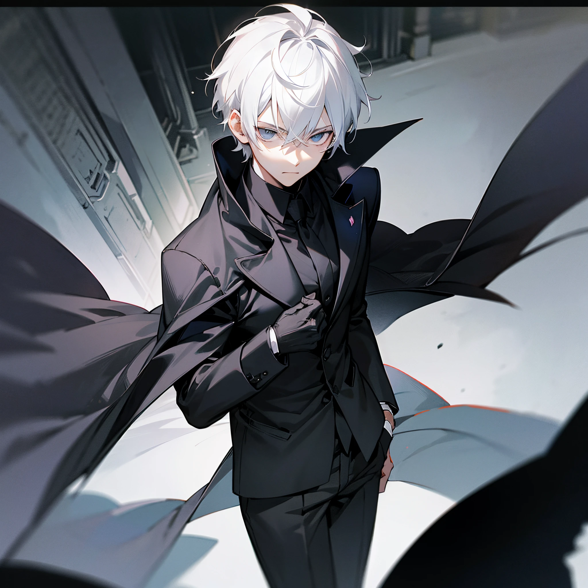 White hair, short hair, black eyes, dark eyes, ager, glowing eyes, handsome male, male protagonist, all black suit, cape, dark hallway background, dark grey energies