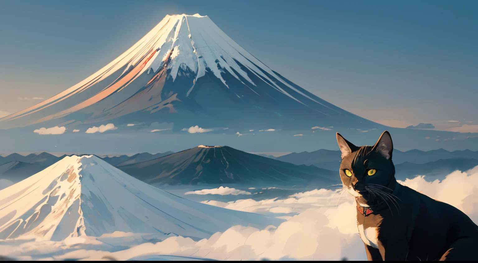 Um gato preto de olhos grandes e brilhantes, sentado em um telhado de uma casa japonesa tradicional, com o Monte Fuji ao fundo.