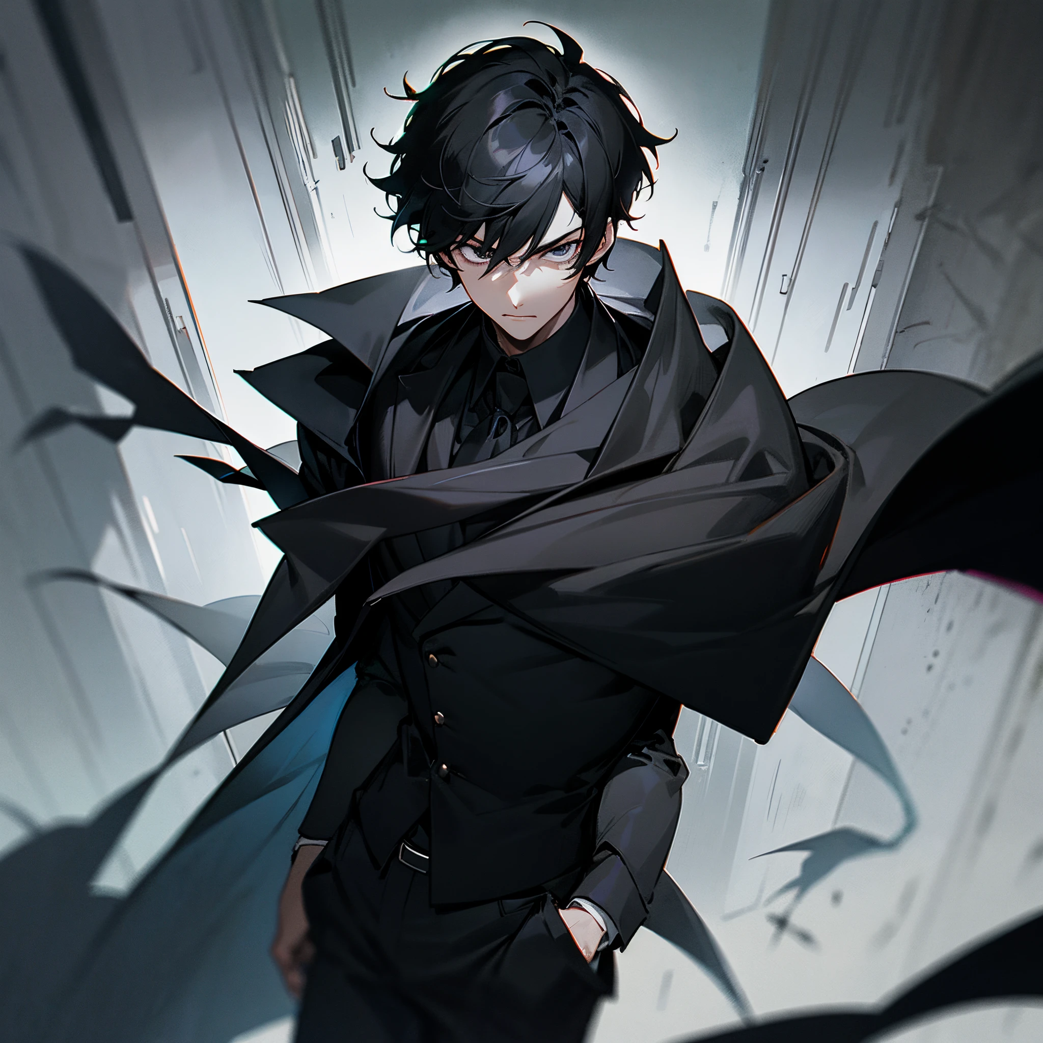A tall, white man with short black hair and purple eyes. He is wearing a black overcoat. He has a serious expression, high detailed, 8K, masterpiece.