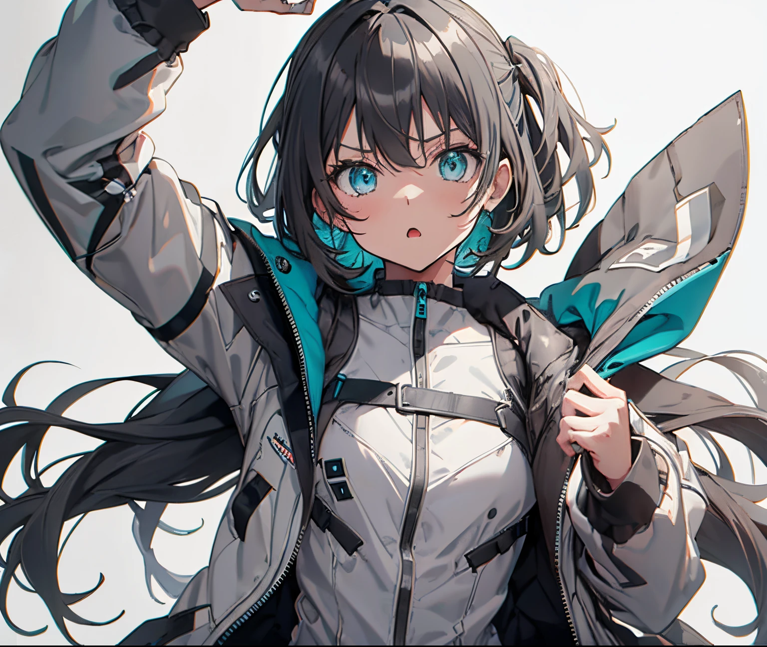 【Highest Quality, masutepiece】 [girl, Manteau, expressioness, Turquoise eyes, front facing, jet-black hair, Jacket is taken off, Upper body] (Gray white background:1.7), Surprised, Sheer,