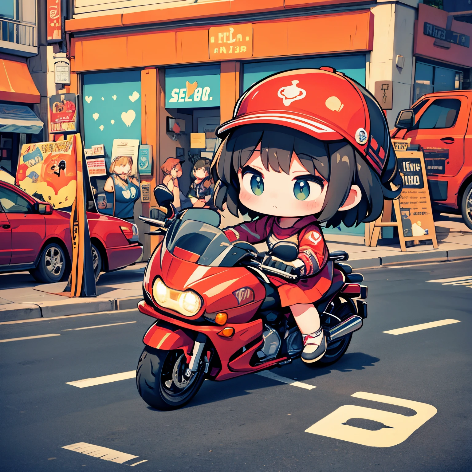 ​masterpiece、Cute girl riding a Harley-Davidson 2023 Road Glide™ 3、route 66 touring、Chibi,Cute