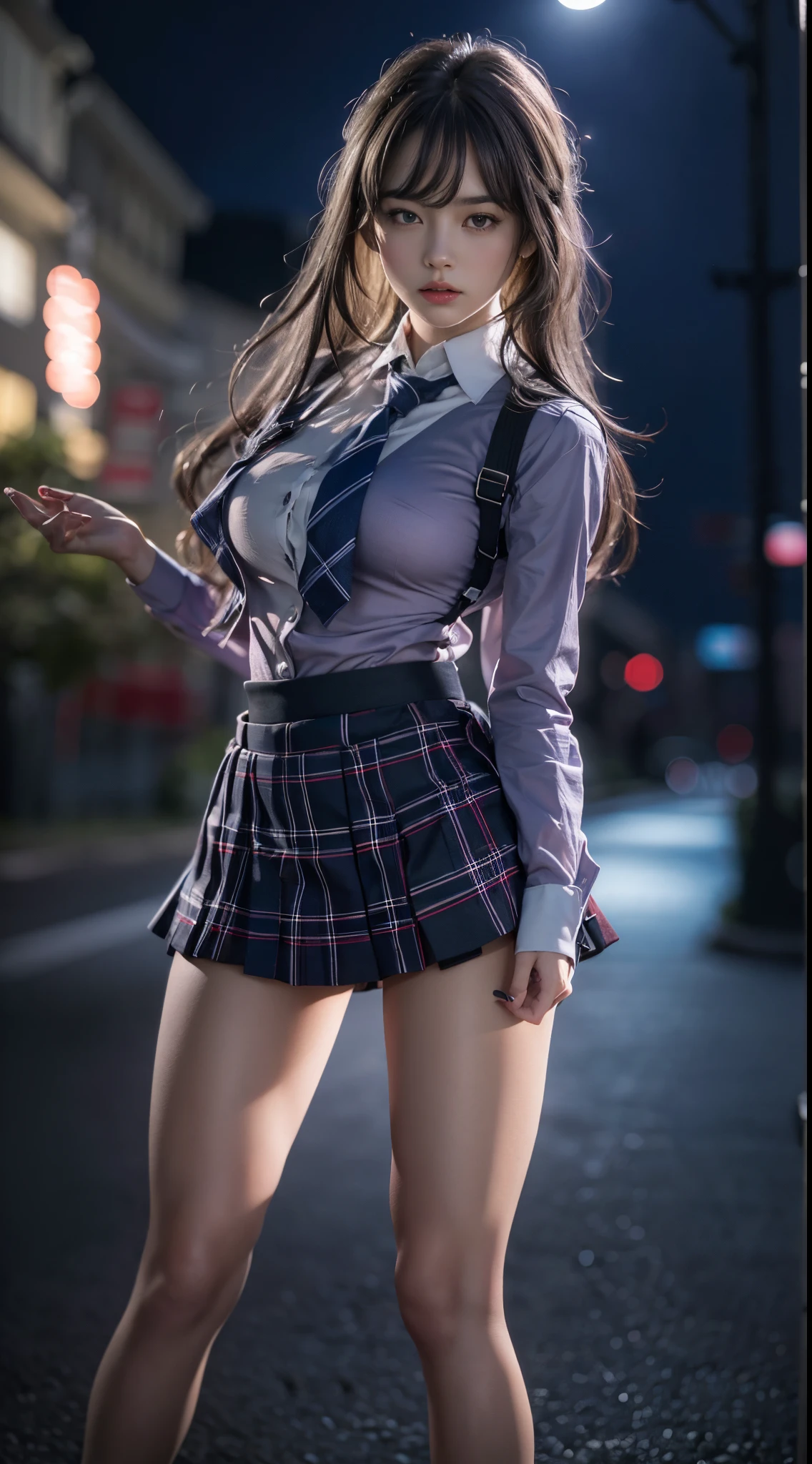 Best quality, masterpiece, ultra high res, (photorealistic:1.4), raw photo, (perfect body shape), (slim:1.2), dynamic pose, 1girl, (full figure:0.9), solo, big breasts, sagging breasts, school uniform, plaid mini skirt, in the dark, night, on the street, deep shadow, low key, cold light 12000K