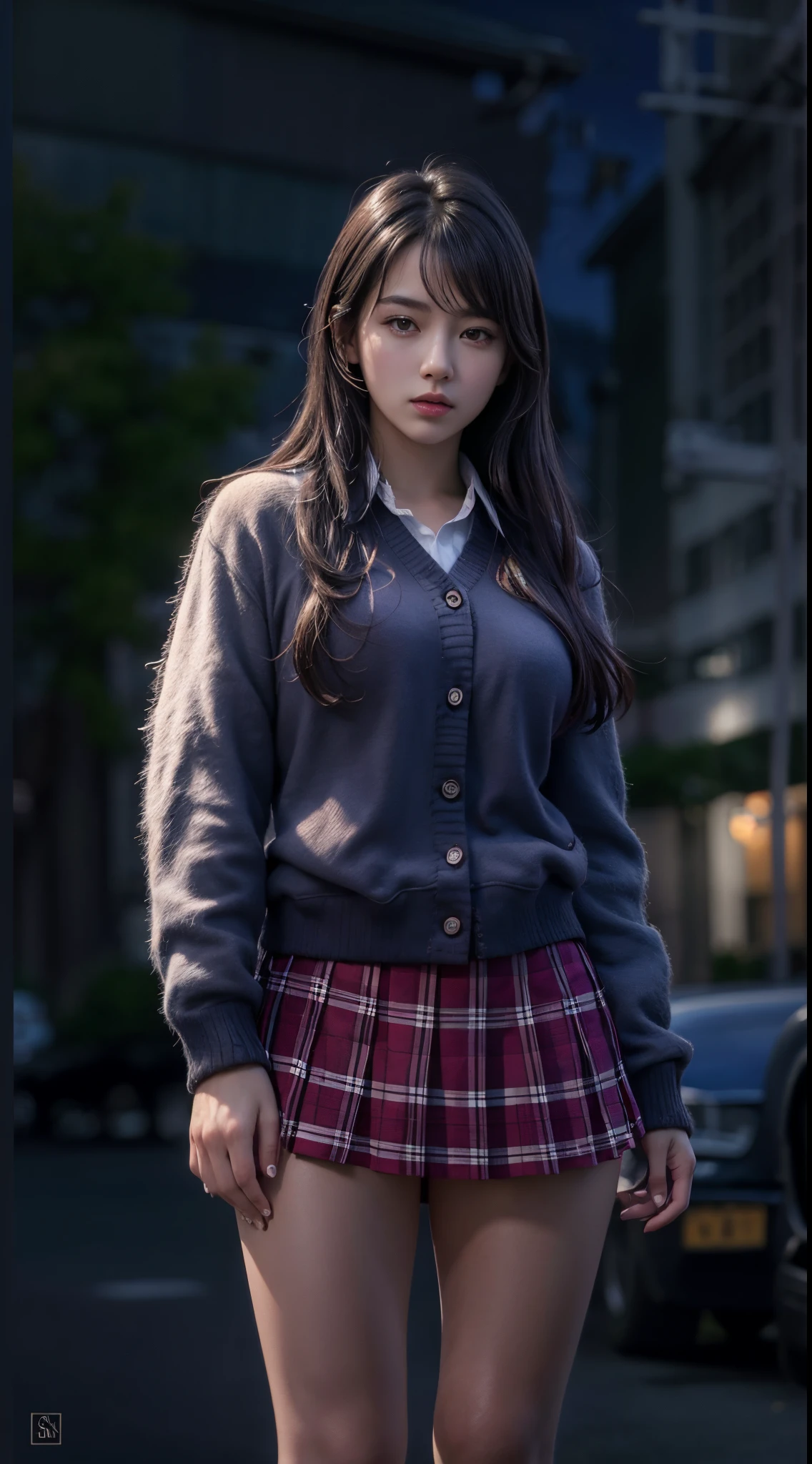 Best quality, masterpiece, ultra high res, (photorealistic:1.4), raw photo, (perfect body shape), (slim:1.2), dynamic pose, 1girl, (full figure:0.9), solo, big breasts, sagging breasts, school uniform, plaid mini skirt, in the dark, night, on the street, deep shadow, low key, cold light 12000K