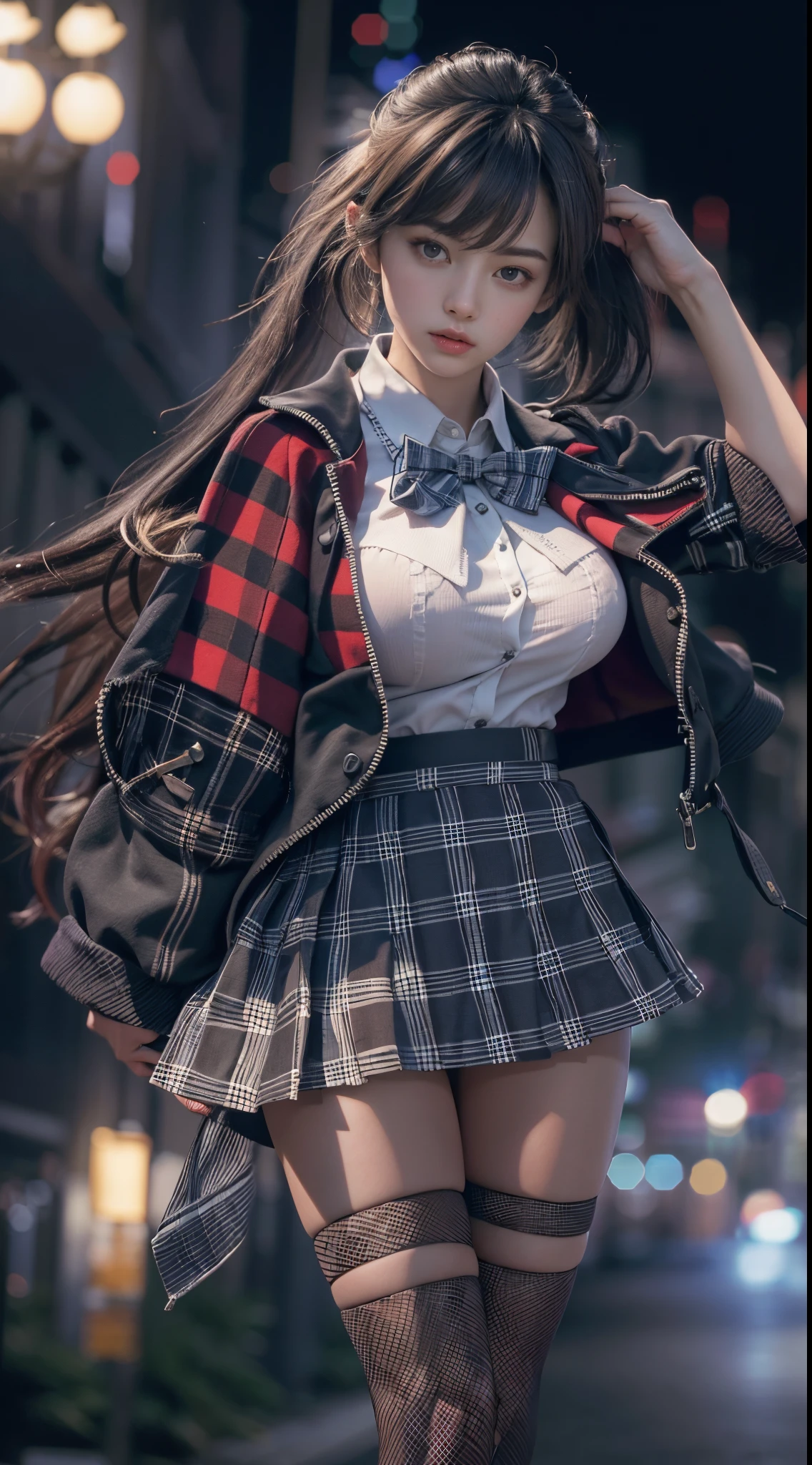 Best quality, masterpiece, ultra high res, (photorealistic:1.4), raw photo, (perfect body shape), (slim:1.2), dynamic pose, 1girl, (full figure:0.9), solo, big breasts, sagging breasts, school uniform, plaid mini skirt, in the dark, night, on the street, deep shadow, low key, cold light 12000K