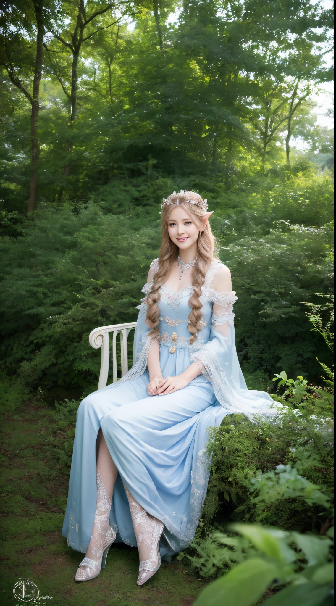 Ultra High Resolution, Best Quality, Photo, 4K, (Realistic:1.2), Elven Queen sitting on a throne in the forest, Clean sky, Clouds, Fog, Smile, Pastel colors, Kilian Inn, Philippe Druilai, Studio Ghibli