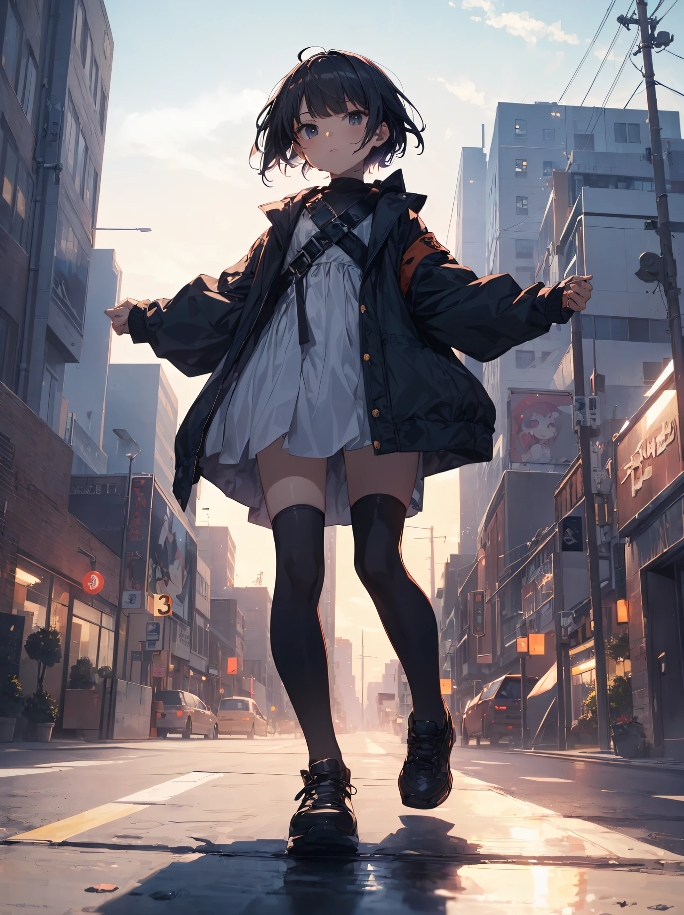 Ninjas are... cool and... fast.!God quality, anime moe artstyle,best anime 8k konachan wallpaper,badass anime 8k,perfect anatomy, (Please draw a picture of a ninja girl looking down on the city from the rooftop.)from diagonally above,dutch angle,break, 1girl is ninja, (Solo,Loli,child,13-year-old:1.3), androgynous charm, (Very Short hair), blunt bangs, Full limbs, complete fingers,flat chest, Small butt, groin, Small eyes,finely 8k detailed beautiful black eyes, stand on the skyscraper rooftop. break,ultra-detailed,high resolution,super detailed skin, professional lighting, (cool illustration:1.2),