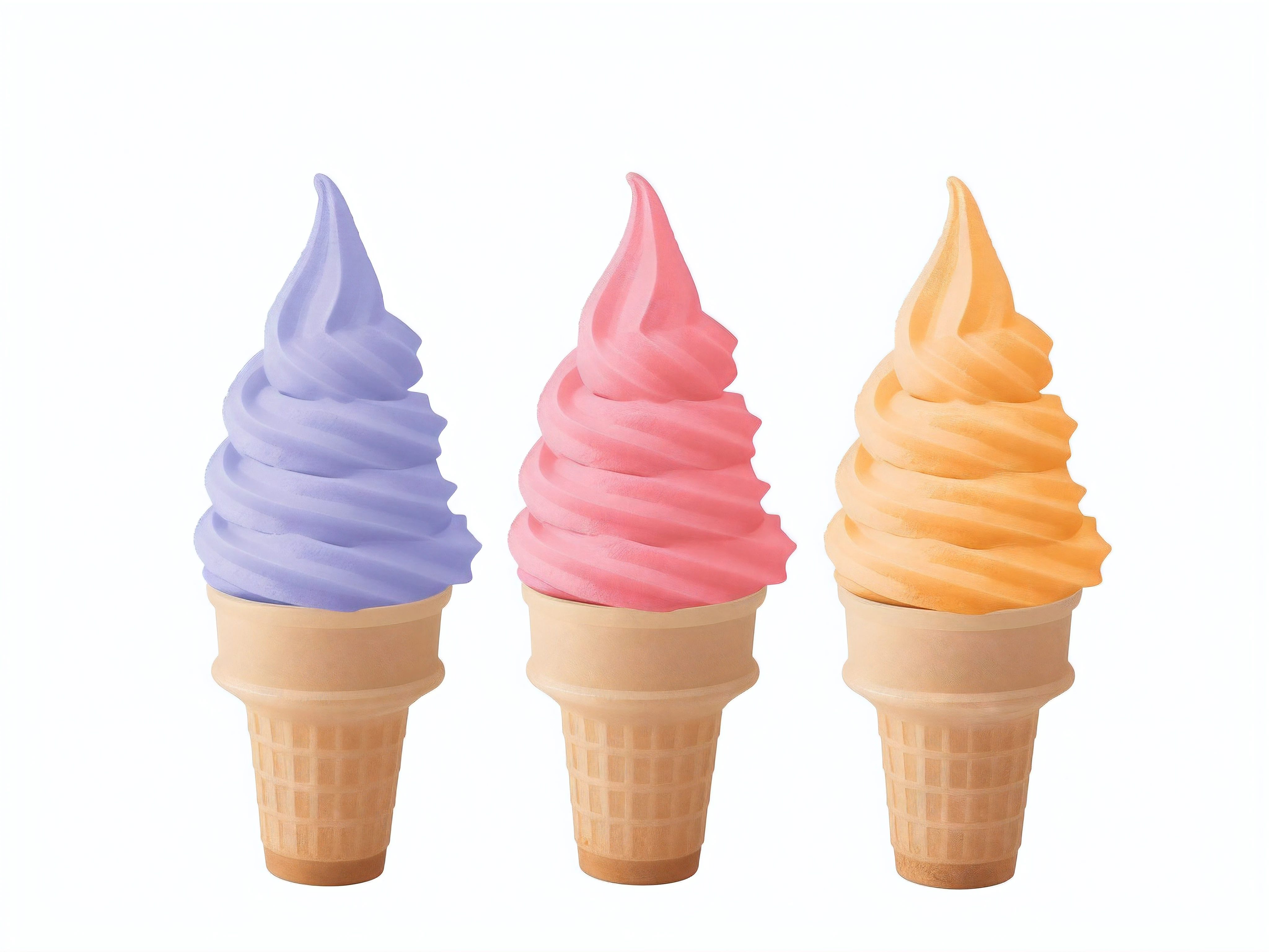 three ice cream cones with different colors of ice cream in them, ice cream cones, ice cream cone, ice cream, cone shaped, 3 colour, ice cream on the side, cone, mountains of ice cream, 3 colors, various colors, different sizes, colored accurately, different colors, variation, cream, 3delight, cone heads, soft shading