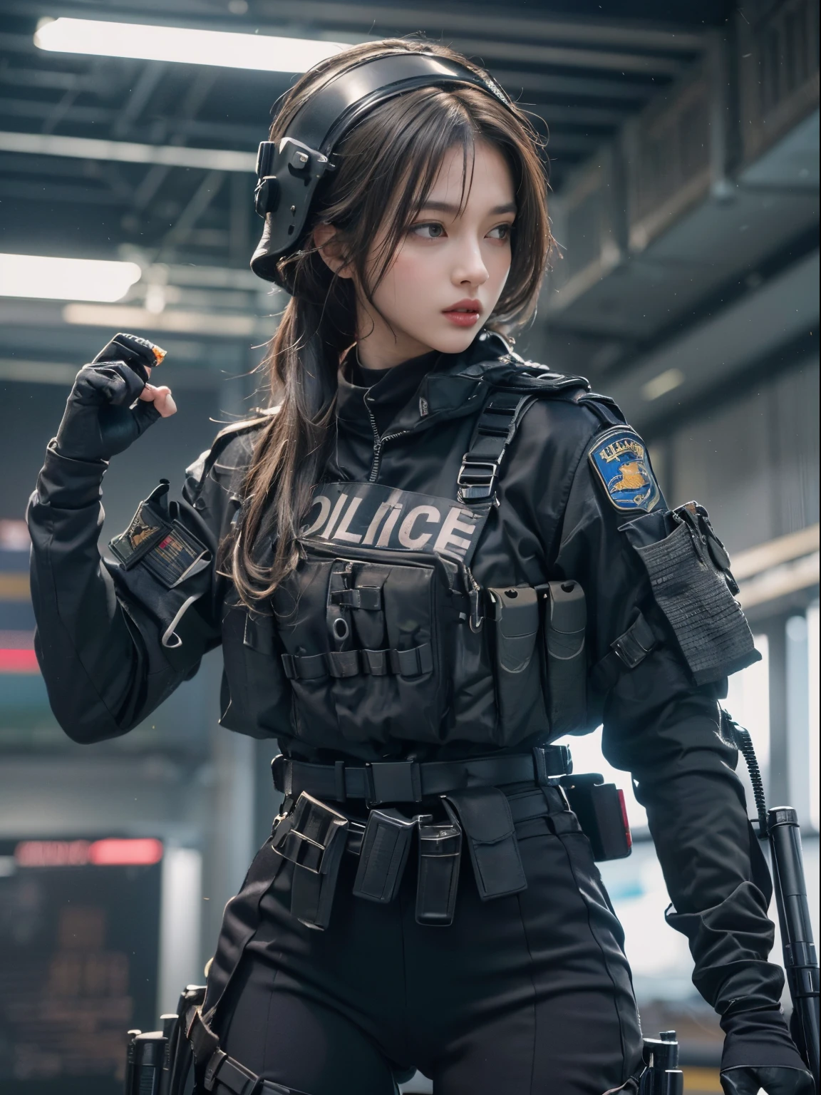 Highest image quality, outstanding details, ultra-high resolution, (realism: 1.4), ((close up:0.75, from front)), Photorealistic, highly condensed 1 lady, full body, sitting on the floor with one knee raised, Combat pose, (Detailed face), looking at the camera, (wearing nylon rash-guard as police uniform, gloves, black and grey mecha, military harness, holding a machinegun, carrying hich-tech-backpack), background grey, Fingers are occluded