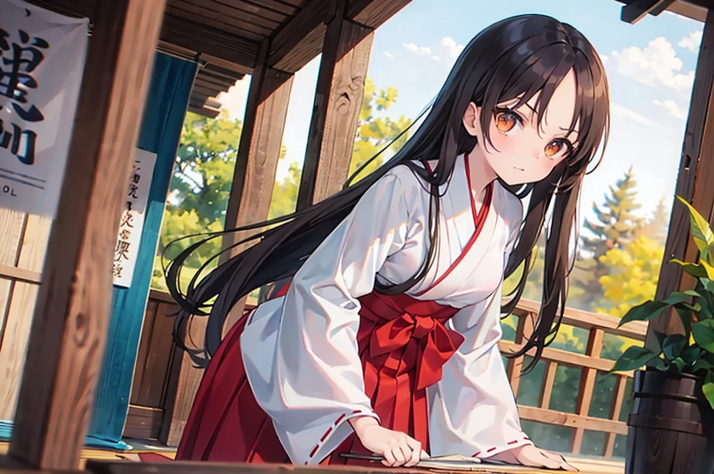 forehead {{{cowboy shot}}},　leaning forward　red japanese miko clothes　hakama　Angry look　A girl with long straight brown hair that shows off her forehead　Precincts of the shrine　Small breasts, high school student, orange eyes　blue-sky　the woods　Pointing