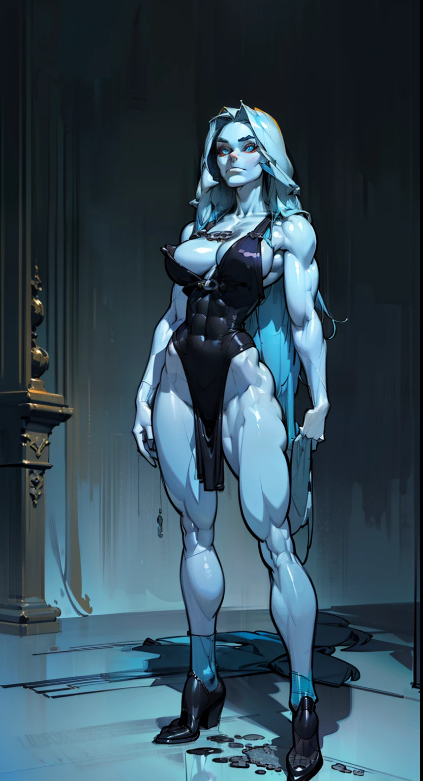 Warrior Woman ((full body view:1.4)) Masterpiece, ((Thepit Style:1.4)), (pale skin:1.5), (long blue hair:1.5), muscled body, Feminine, Huge upper body, wide shoulders, veins, ((beatiful face:1.7)), full lips, slim face, high cheekbones, muscular, in the art style of mohrbacher, In the style of Peter Morbacher