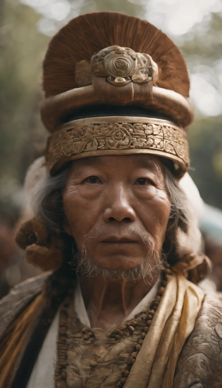 Portrait of fat old Chinese man（immortal）；二重まぶた，Round eyes，with a round face，White hair，hair-bun，no headwear，hair tying up。yellow clothing。solid color backdrop[[[paper texture 1.0]]];（close-up1.0），Audience visual inspection（facing at the camera）；真实感、hyper HD, retinas, tmasterpiece, Acura, Anatomically correct, Award-Awarded, high high quality, high detal, super detailing, ctextured skin, Best quality, A high resolution,k hd, 4K, 8K, 16k。