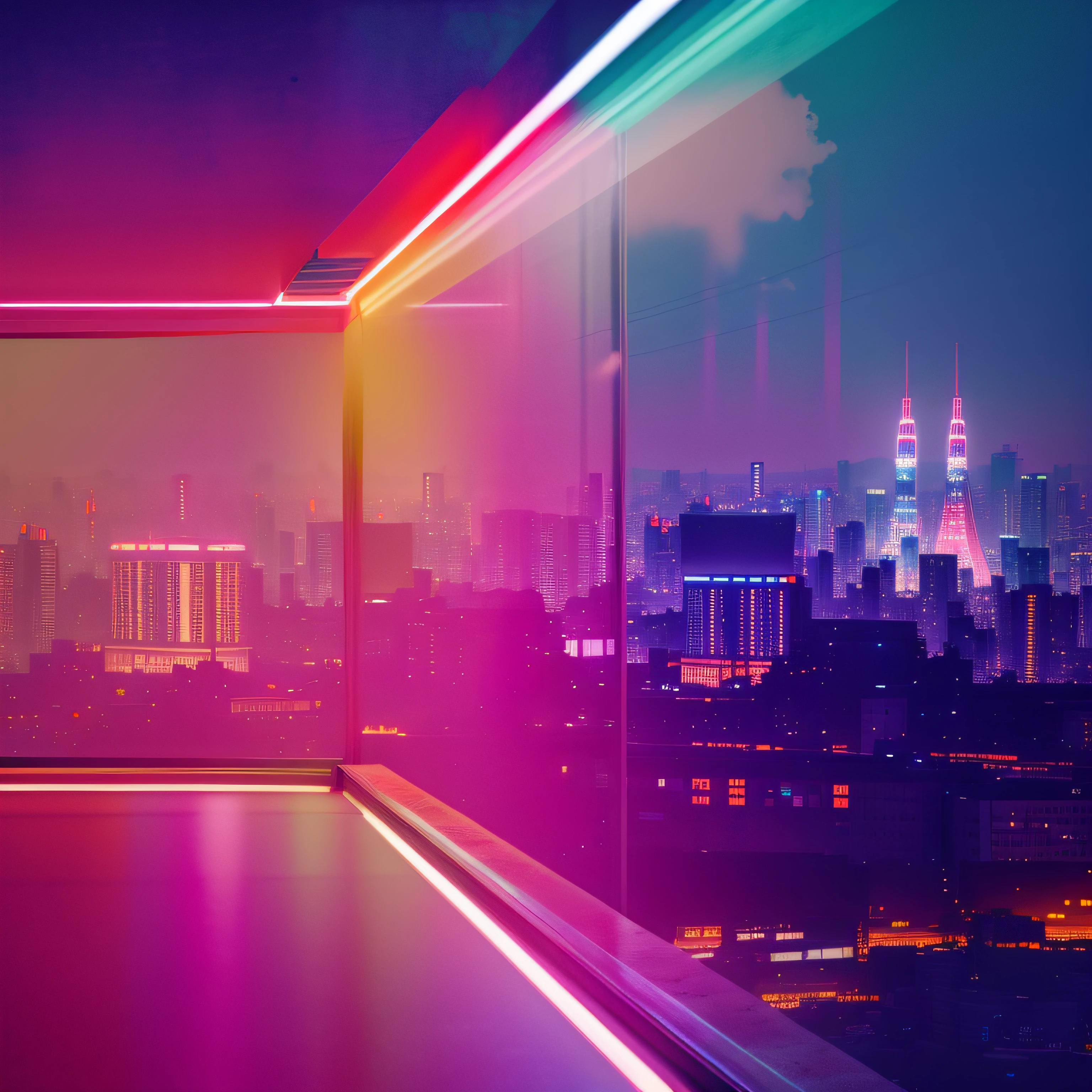 brightly lit cityscape seen through a window with a tokyo in the background, neon light rooftop, bright neon lights from the city, vibrant city lights