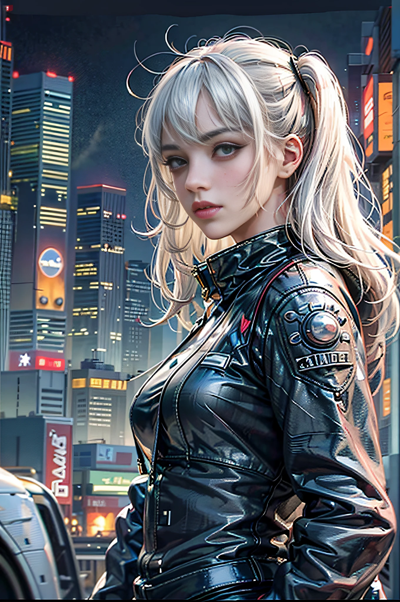 8K, realisticlying, RAW photogr, top-quality: 1.4), (1 womittle chubby，A half body，A little to the right，super beautiful, (Realistic face), serious，Look at the audience，offcial art, Unity8k wallpapers, ultra - detailed, Red high-tech motorcycle，Beautiful and beautiful, tmasterpiece, Best quality at best, actual,  long whitr hair, White hair, Striped hair,  the night, cyberpunk city landscape, Epic picture,
