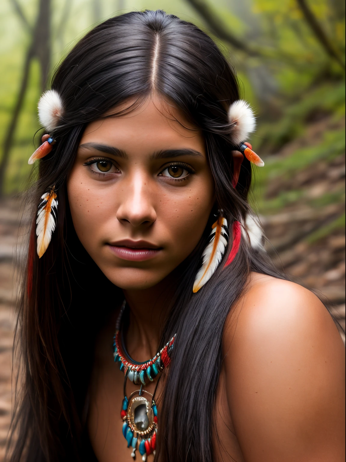 (Realistic:1.5), photorealistic, RAW photo, analog photo style, depth of field, ultra detailed photo of american indian woman, cute face, perfect body, nude, pleasure, full body shot, some accessories with native and futuristic elements, 20 years old, she tilted her head but looking to camera, in idillic foggy hollow, dinamic pose, in style of Luis Rojo, naturally cinematic colors