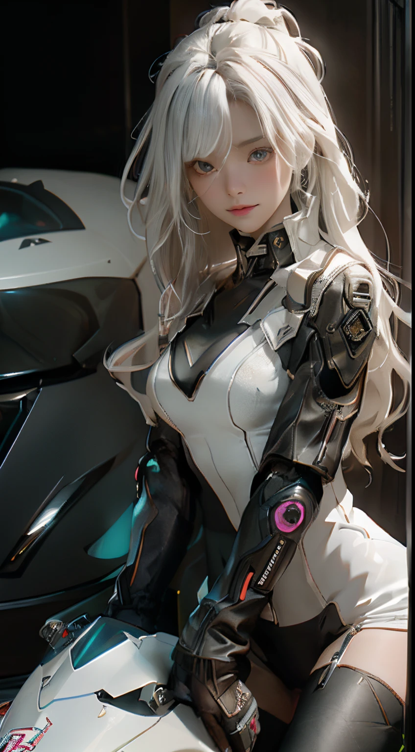 ((Best quality)), ((tmasterpiece)), (the detail:1.4), 3D, images of beautiful cyberpunk women,HighDynamicRange(HighDynamicRange),ray traycing,NVIDIA RTX,Hyper-Resolution,Unreal 5,sub surface scattering、PBR textures、White hair,incredibly long hair,ssmile,overlooks,电影灯光,sitting on the motorcycle,post-proces、Anisotropy Filtering、depth of fields、maximum definition and sharpness、Many-Layer Textures、Albedo e mapas Speculares、Surface Coloring、Accurately simulate the interaction of light and materials、proporções perfeitas、octaneratingrendering、dichroic light、largeaperture、Low ISO、White balance、the rule of thirds、8K original、