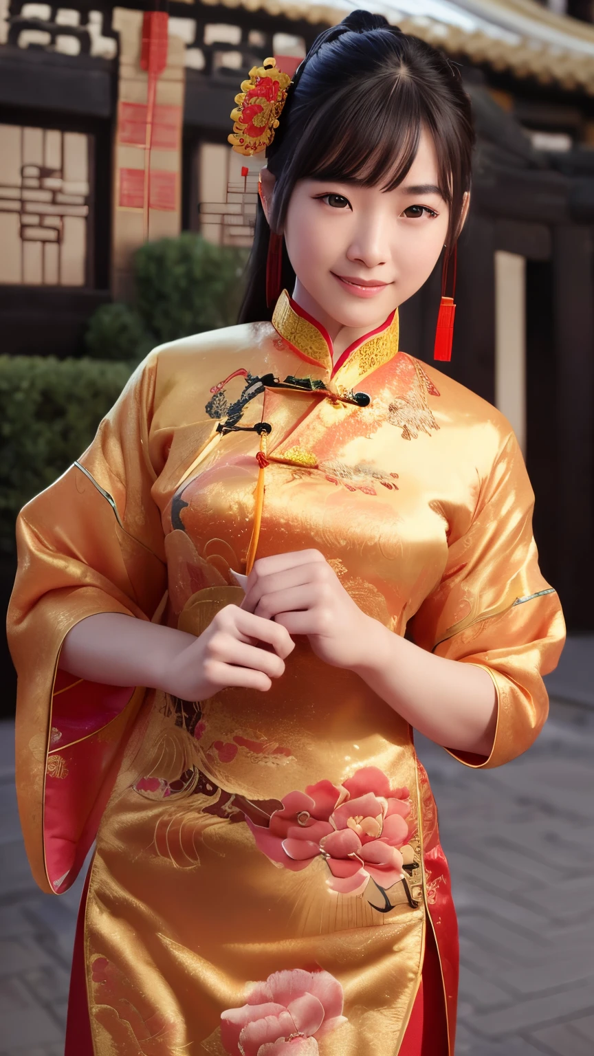 1girl, Chinese,(wearing Ancient Chinese dress:1.8),(RAW photo, best quality), (realistic, photo-realistic:1.8), masterpiece, an extremely delicate and beautiful, extremely detailed, 2k wallpaper, Amazing, finely detail, extremely detailed CG unity 8k wallpaper, ultra-detailed, highres, soft light, beautiful detailed girl,full body, extremely detailed eyes and face, beautiful detailed nose, beautiful detailed eyes,cinematic lighting,city lights at night,perfect anatomy, muscle up body,smiling,six pack belly, flowers garden,
