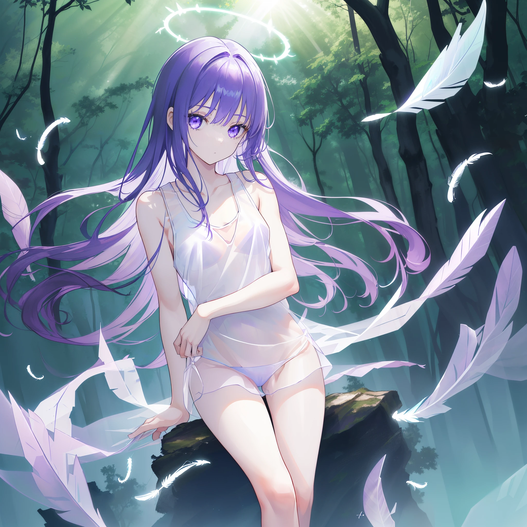 (((A medium view)) of an anime  girl, (standing in a (forest), (((strong sunlight))), cinematic light, slim body with curves, skin is perfectly white, soft, and smooth, ((legs crossed)), Extremely delicate and beautiful CG illustration, best quality, high resolution, dynamic angle, full-length lens, (1 girl), floating, soft light, high-key lighting), glowing light, purple halo, feathers fluttering background, blue crystal, (((wearing nothing but a white (pure) (transparent) tank top))), ((very cinematic))