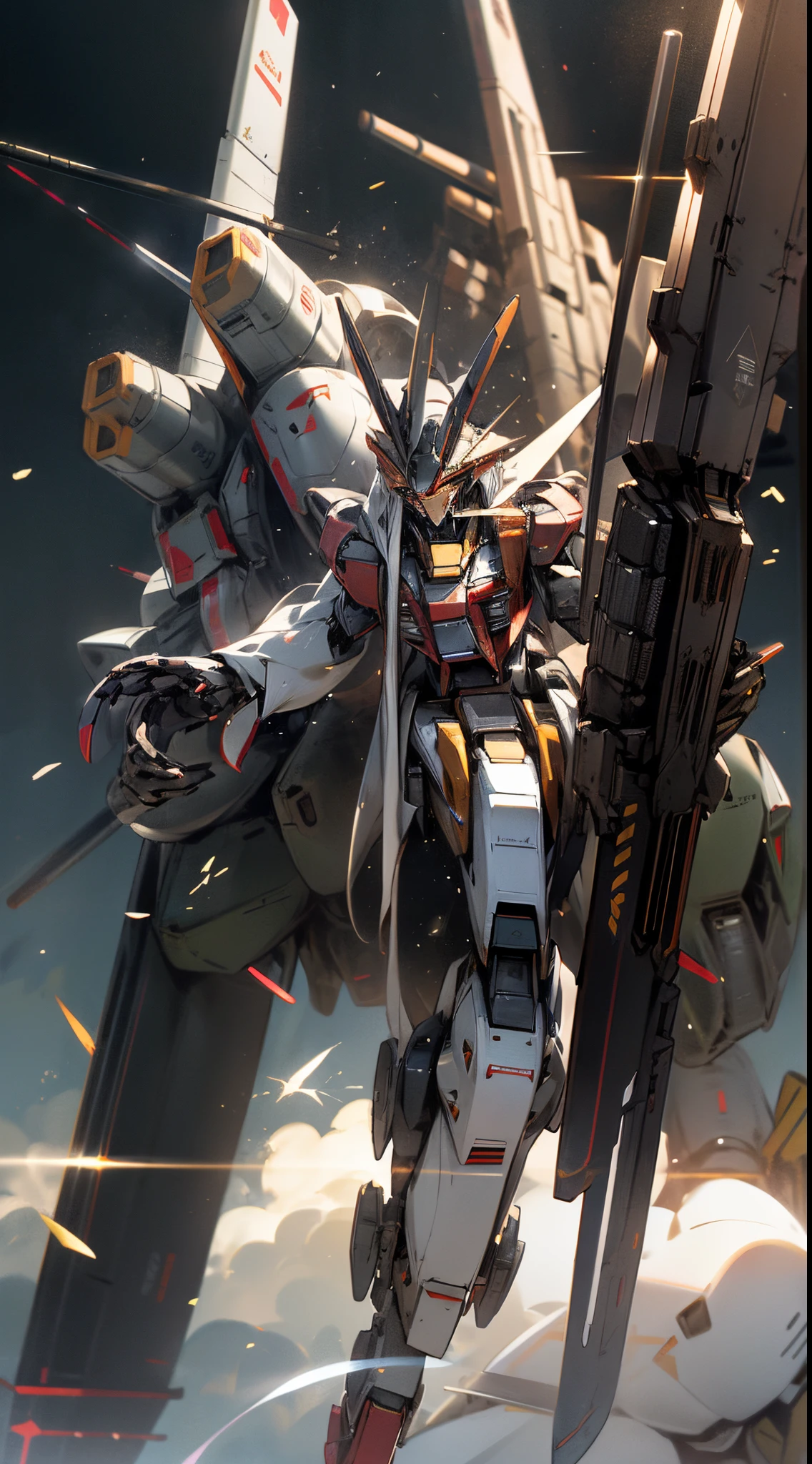Surrealism, Ray Tracing, Photorealistic, UHD, High Detail, 32k, Best Quality, Textured Skin, Gundam Mecha, Flight, Funnel, Mecha Ship, Masterpiece, Best Quality, Mecha, Unmanned, (Full Body), (Black Mecha: 1.8), (Axisymmetric: 1.4), (HDR), (Movie Light: 1.1), White Eyes, Cool, Science Fiction, Fire, Universe, oversized shield, mecha man overlooking the background of the earth, with laser cannon beams, wars, conflicts, weapons in hand (has a huge weapon: 1.5),