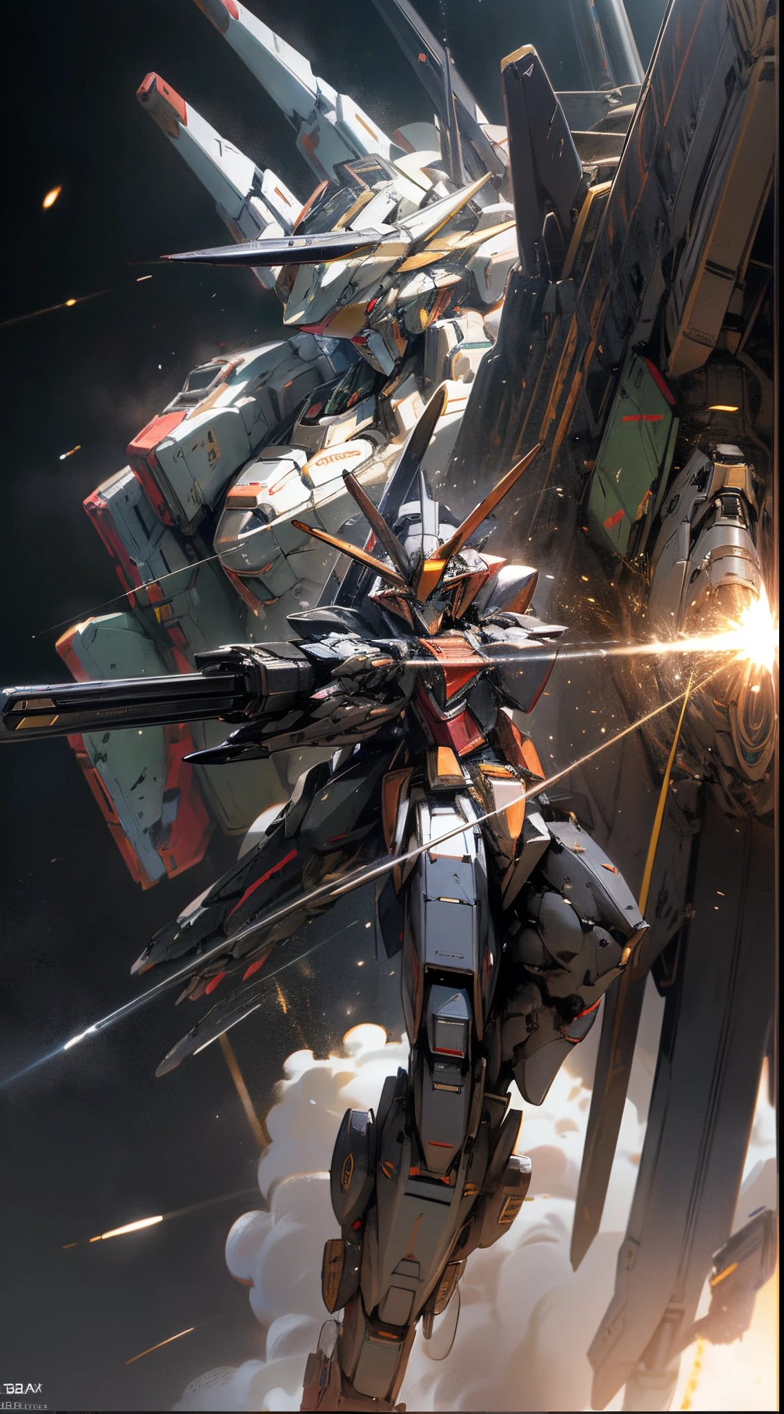 Surrealism, Ray Tracing, Photorealistic, UHD, High Detail, 32k, Best Quality, Textured Skin, Gundam Mecha, Flight, Funnel, Mecha Ship, Masterpiece, Best Quality, Mecha, Unmanned, (Full Body), (Black Mecha: 1.8), (Axisymmetric: 1.4), (HDR), (Movie Light: 1.1), White Eyes, Cool, Science Fiction, Fire, Universe, oversized shield, mecha man overlooking the background of the earth, with laser cannon beams, wars, conflicts, weapons in hand (has a huge weapon: 1.5),