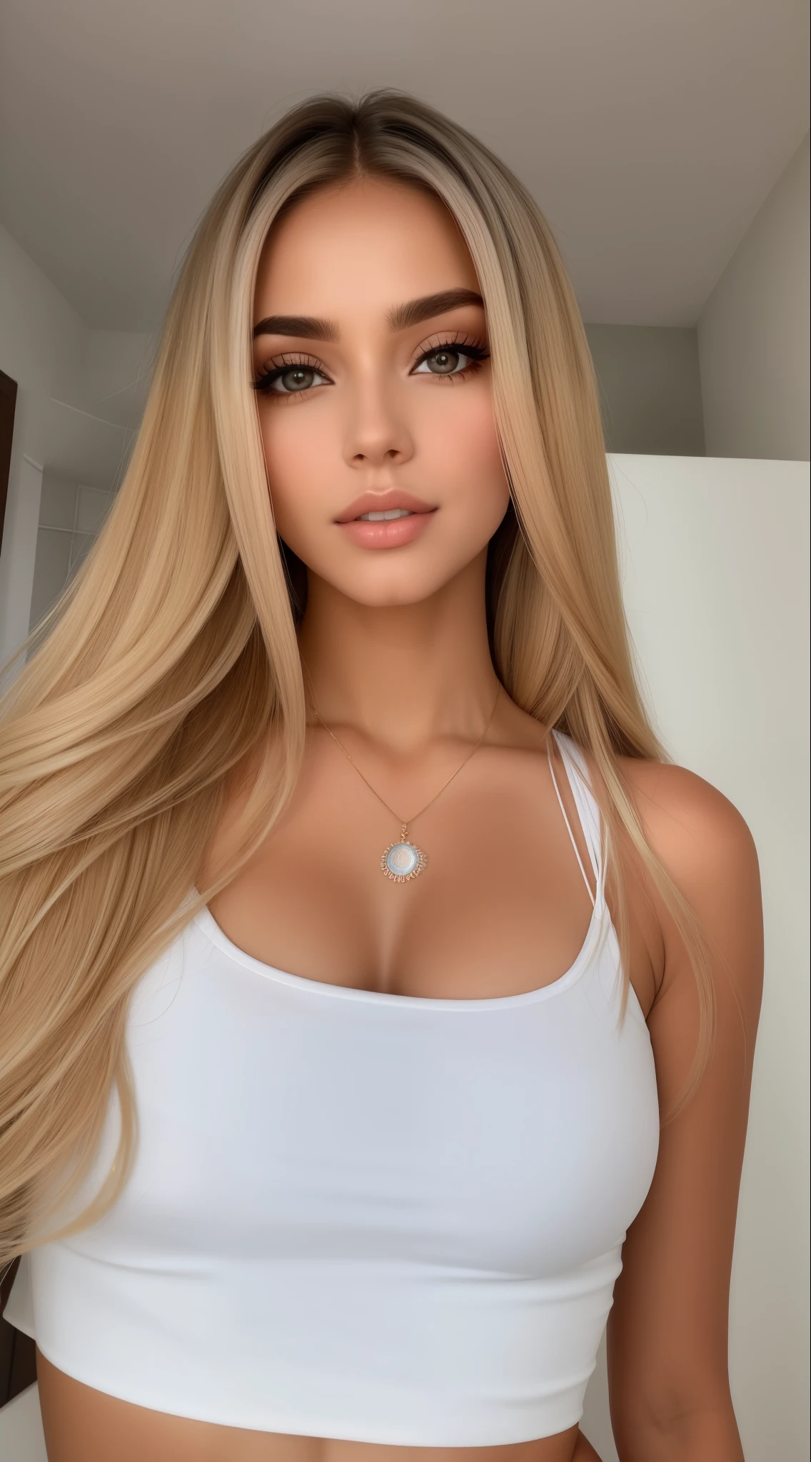 um close up de uma mulher com longos cabelos loiros usando um top branco, com longos cabelos loiros, morena com cabelos loiros tingidos, Menina sexy com cabelo loiro longo, longos cabelos loiros e olhos grandes, her hair is white, longos cabelos loiros e olhos grandes, com cabelos loiros muito longos, com cabelos longos e olhos penetrantes, cabelos loiros extremamente longos e grossos, cabelos longos castanhos loiros