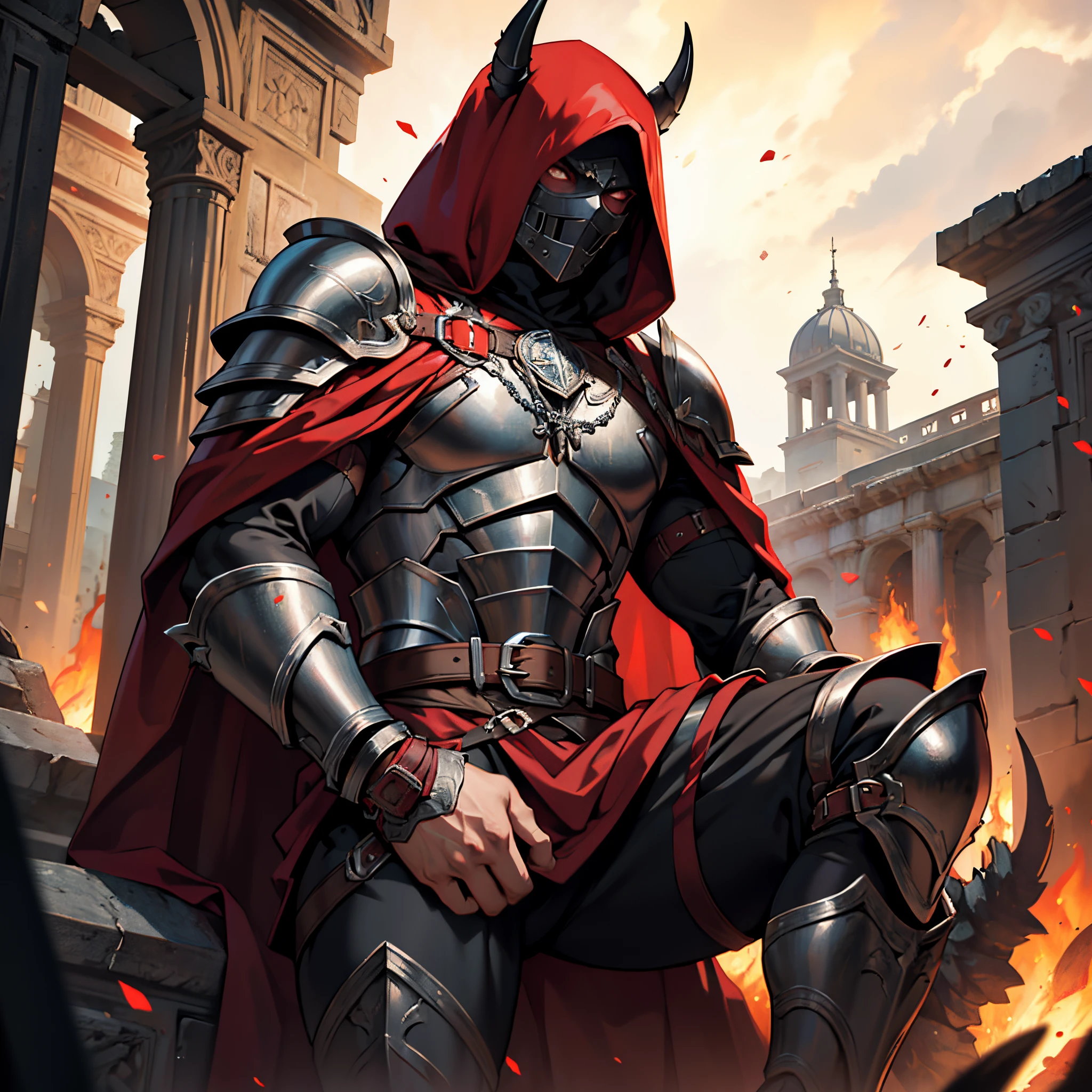 muscular male gladiator, Upper body black metal armor, black, devil mask, Intricate muscle details, Realistic works, Little Red Riding Hood, 4k resolution. Background with: A night when ancient Rome burns,32K UHD, Best Quality, Masterpiece, super detaill, high detailed